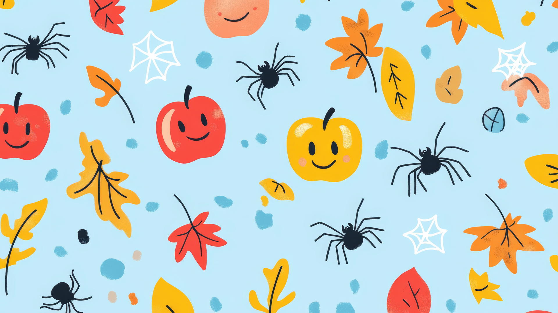 Halloween wallpaper preppy with cute spiders, candy apples, and autumn leaves on pastel blue