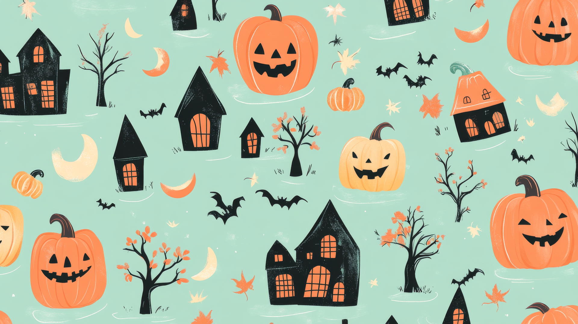 Preppy wallpaper Halloween with playful pumpkins, haunted houses, and crescent moons