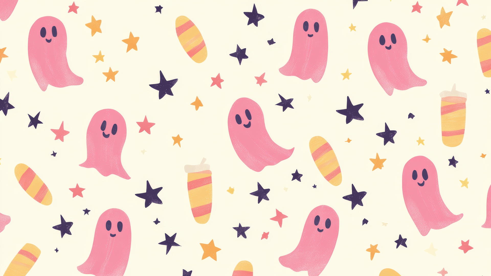 Preppy Halloween wallpaper with pink ghosts, candy corn, stars, and pastel cream background.
