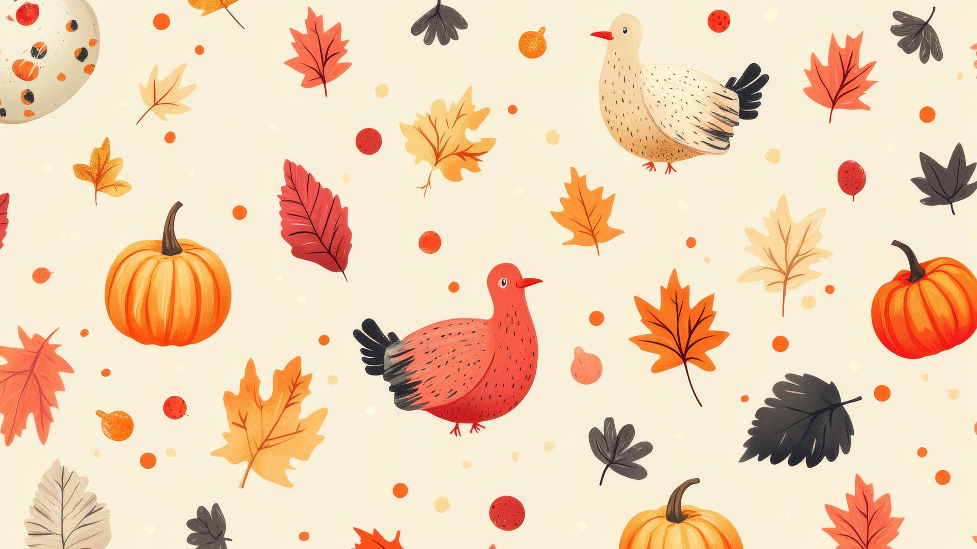 Preppy autumn wallpaper with cute cartoon turkeys, pumpkins, and fall leaves on a light yellow background