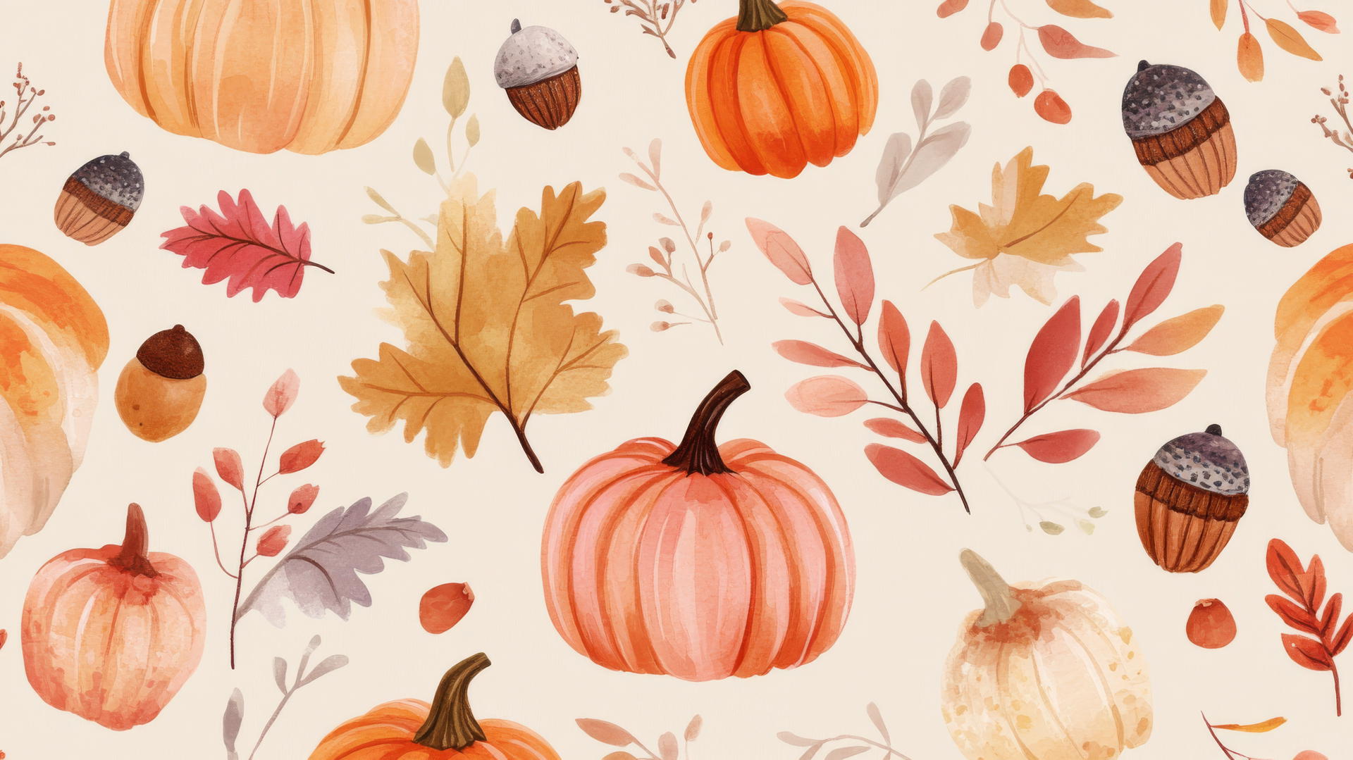 preppy autumn wallpaper with hand-drawn pumpkins, acorns, and fall foliage in pastel colors on light brown background