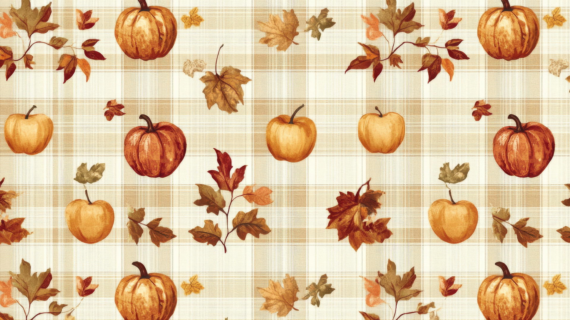 Preppy autumn wallpaper with plaid background, apples, pumpkins, and fall leaves