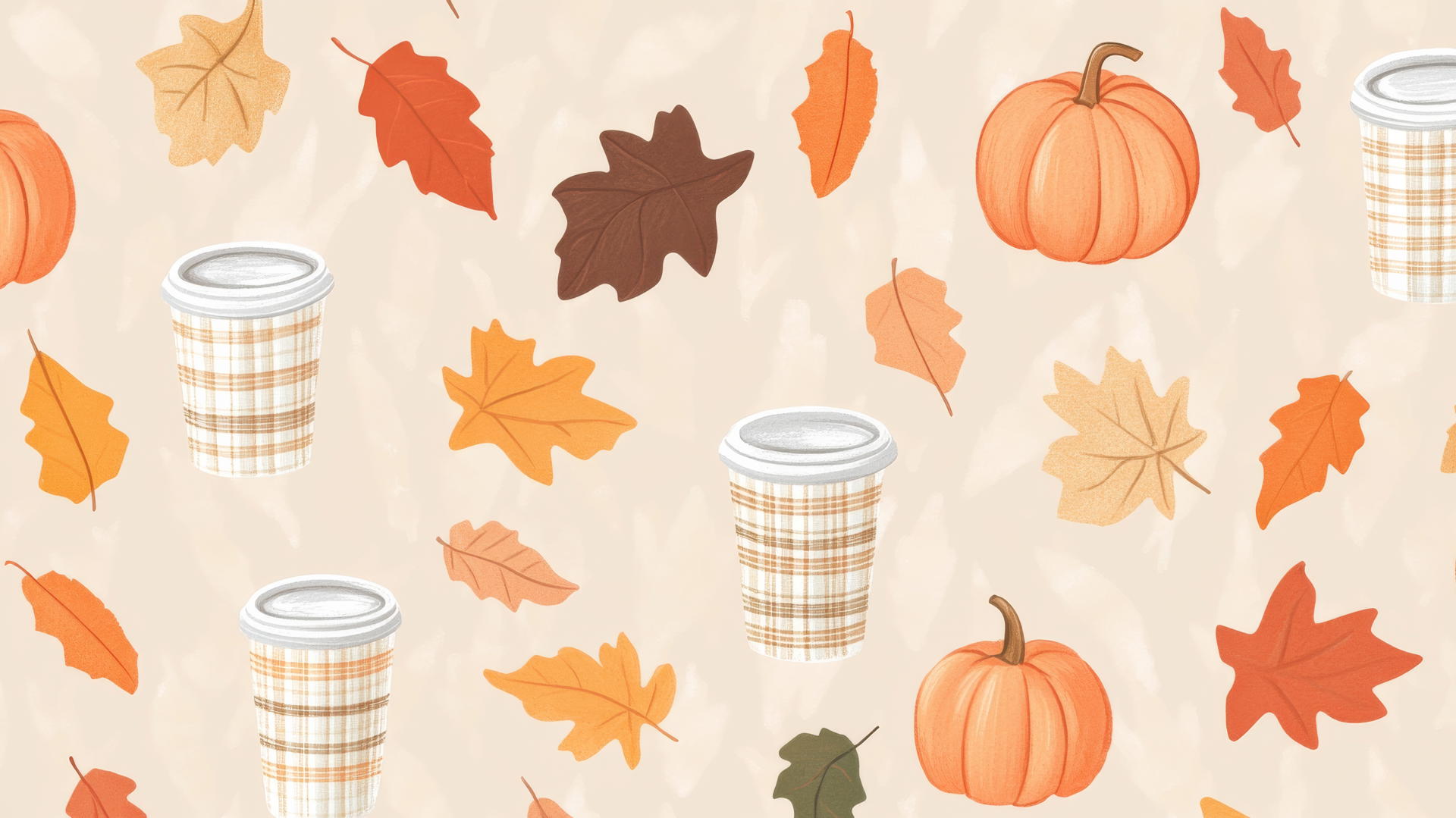 preppy fall wallpaper featuring pastel-colored leaves, pumpkins, and coffee cups on light brown background with plaid accents