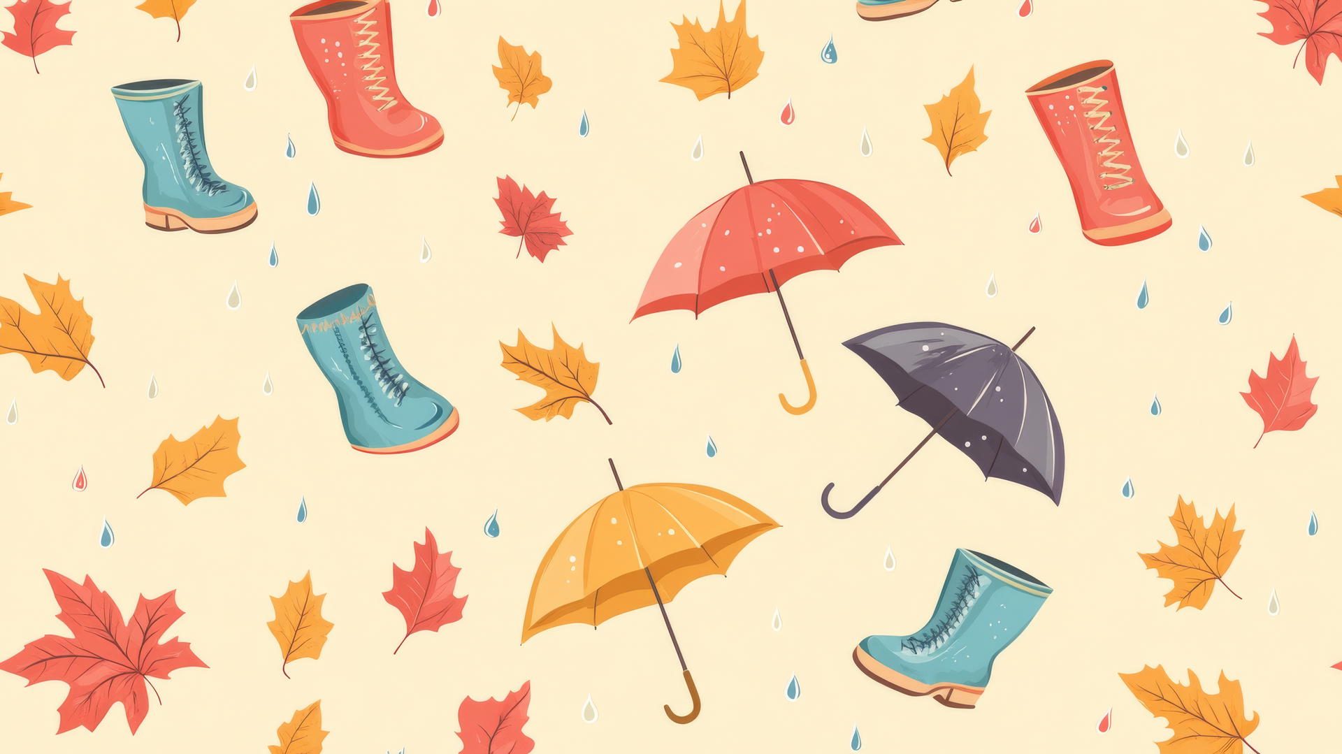 preppy fall wallpaper with cute rain boots, umbrellas, and falling leaves on a light yellow background