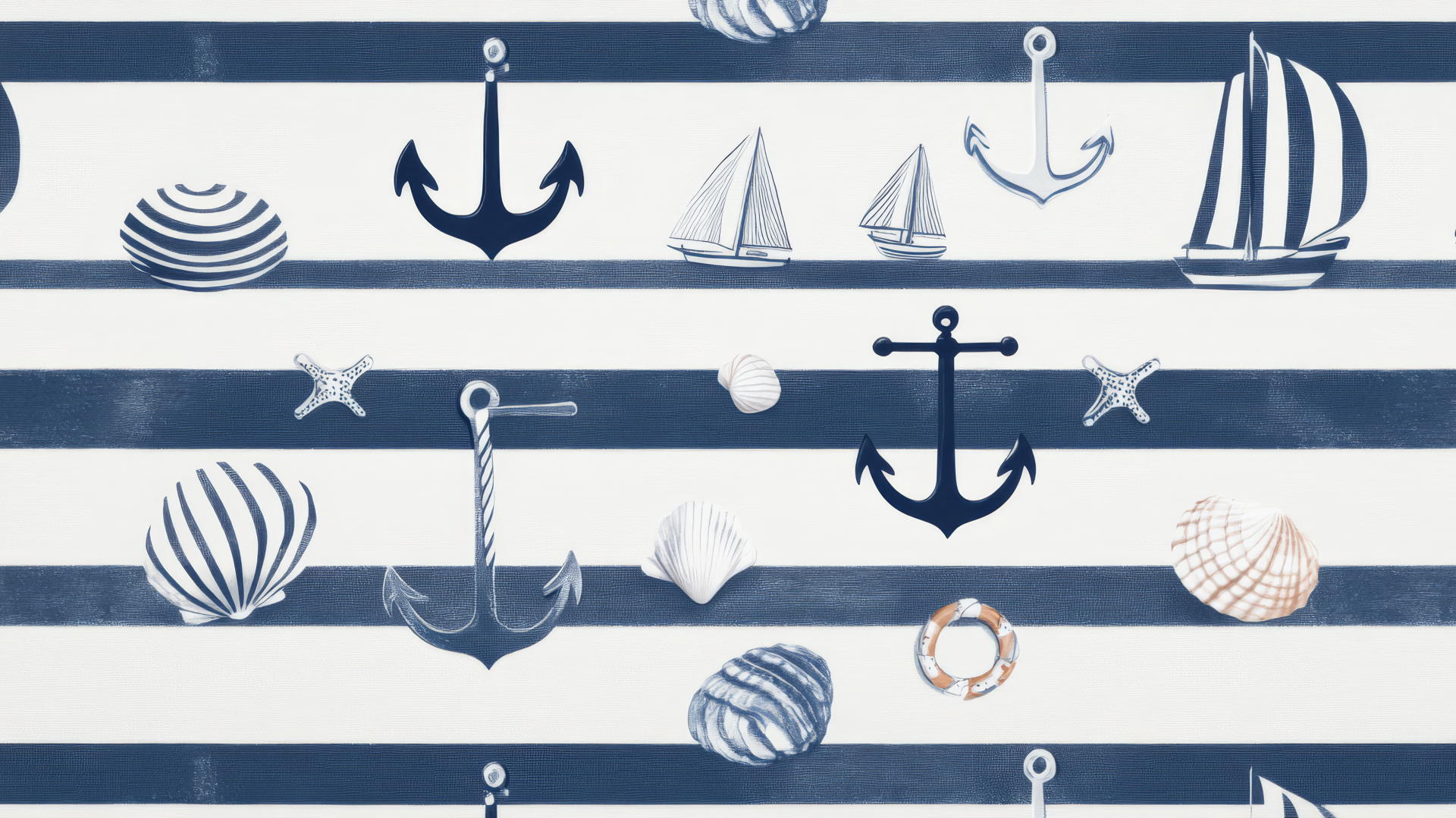 preppy beach wallpaper with navy blue and white stripes, anchors, sailboats, lifebuoys, seashells, and knots