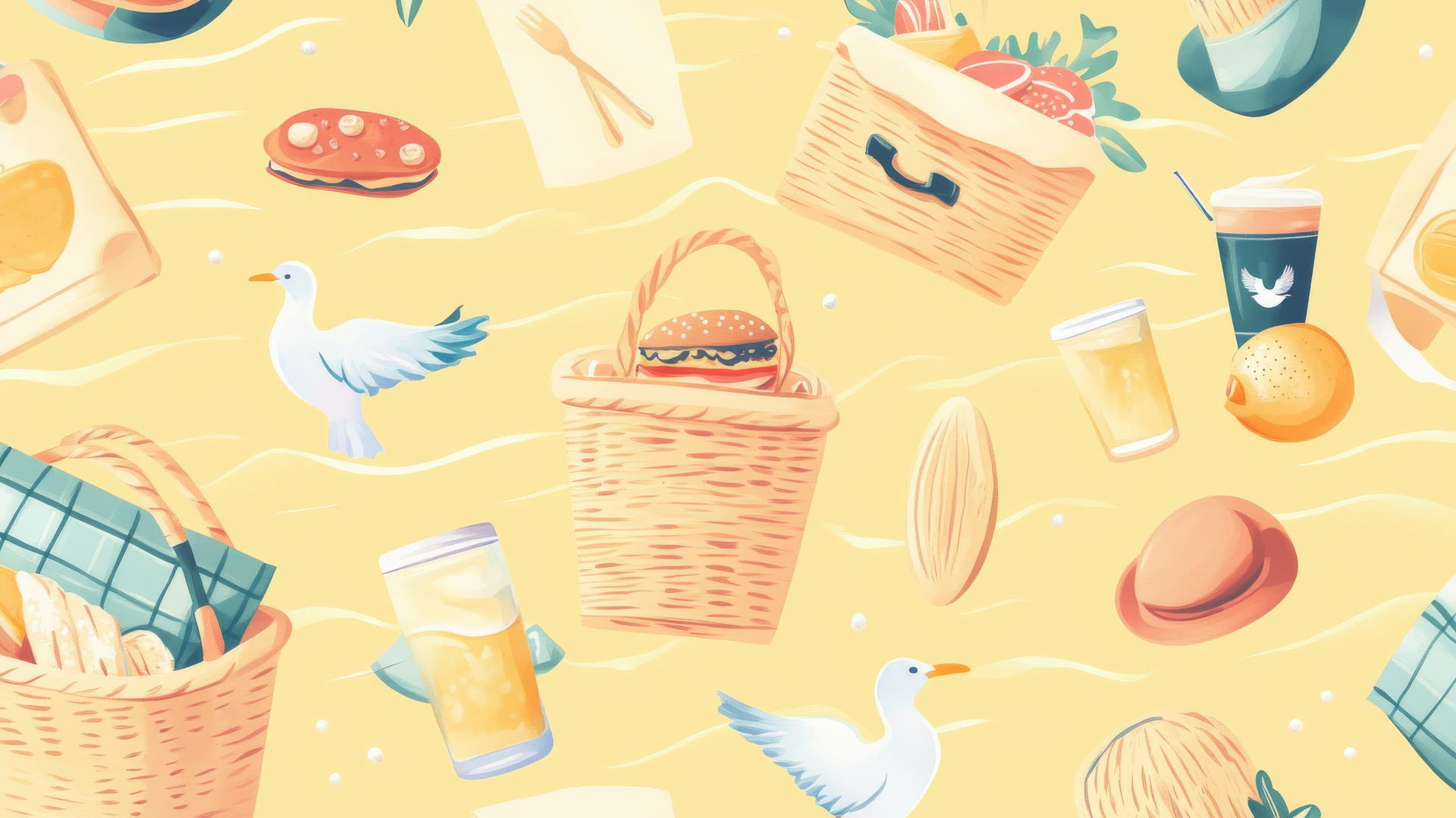 preppy beach wallpaper with picnic baskets, sandwiches, lemonade, sun hats, seagulls, and waves on pastel yellow