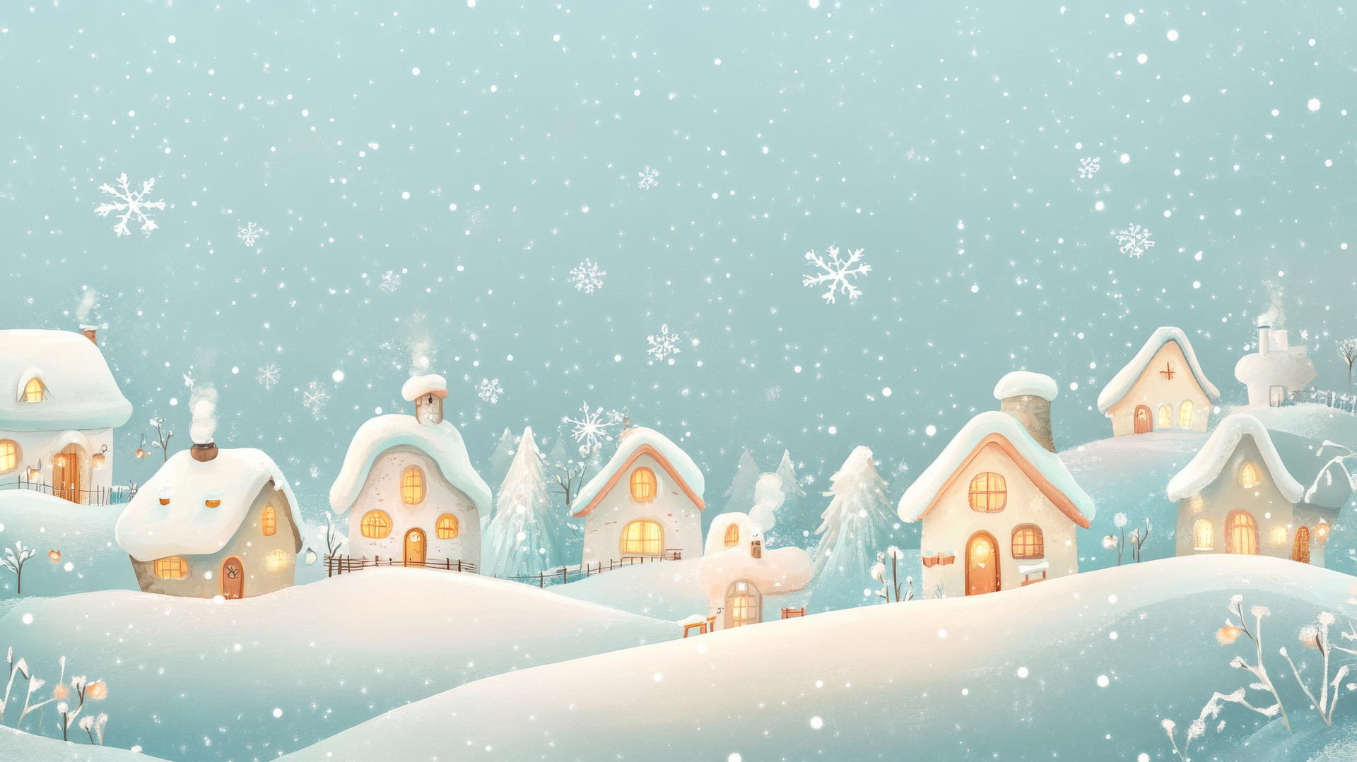 Aesthetic cute wallpaper of pastel-colored winter scene with cottages and snowflakes