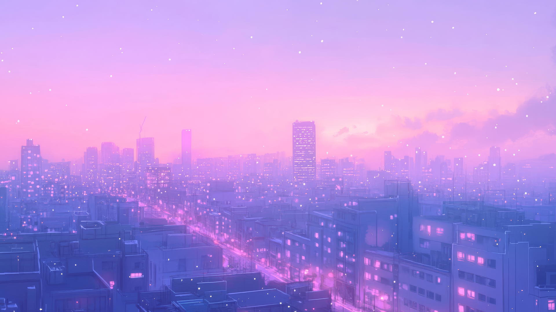 cute wallpapers aesthetic of a pastel city skyline at twilight with glowing windows