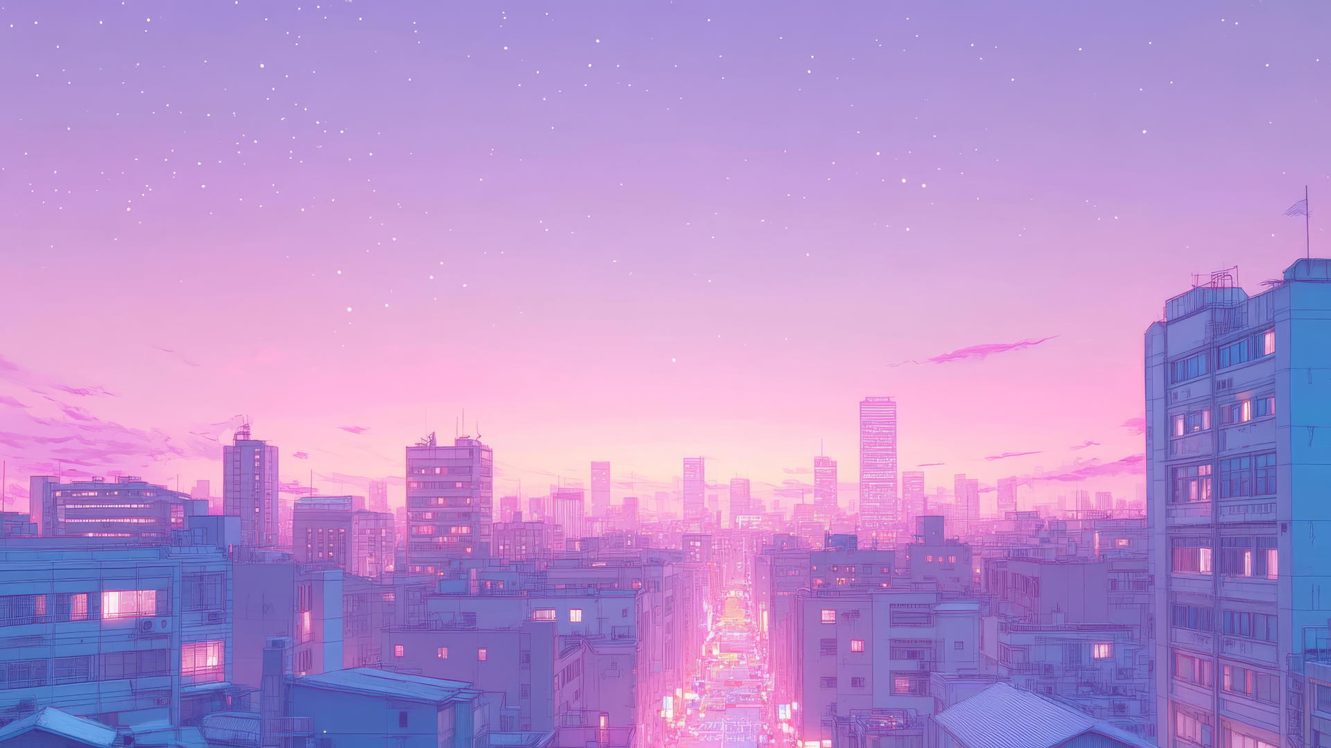 cute wallpapers aesthetic: pastel city skyline at twilight with glowing windows and cars