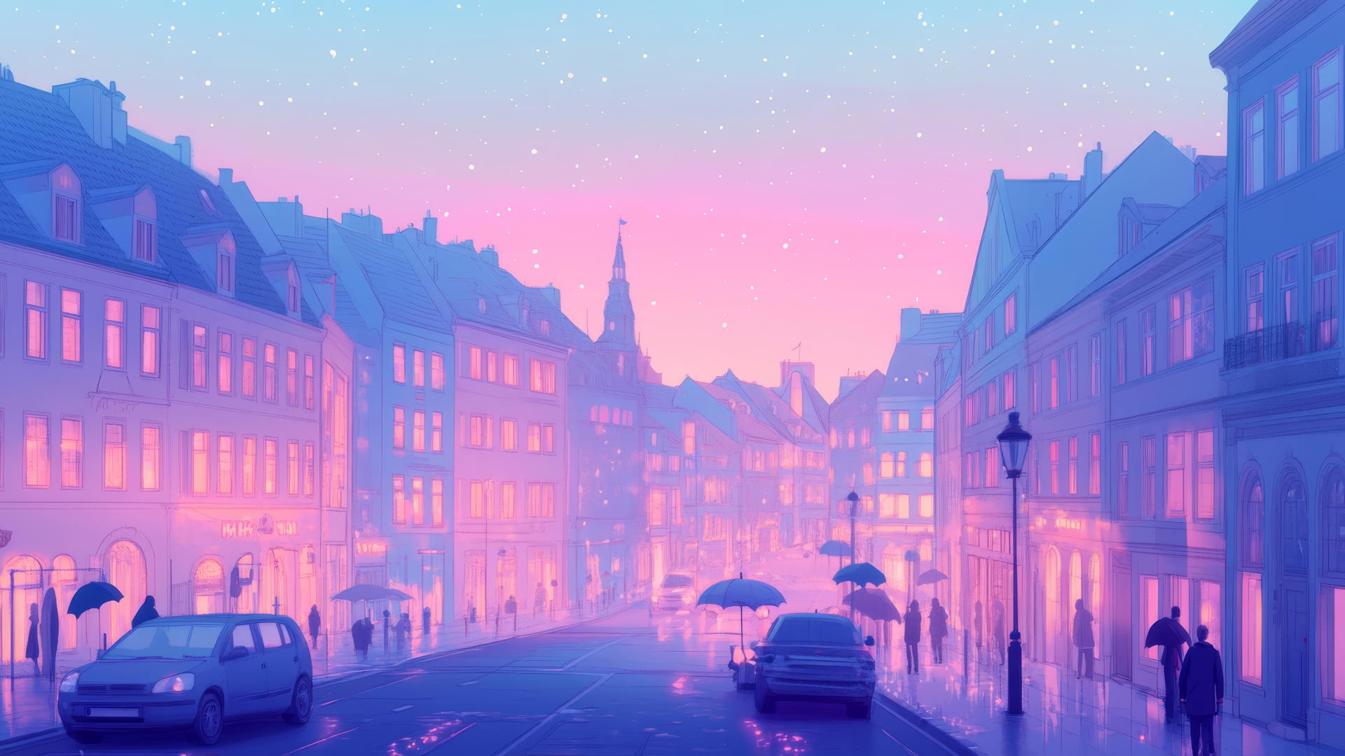 cute aesthetic wallpapers of a pastel cityscape at dusk with glowing windows and umbrellas