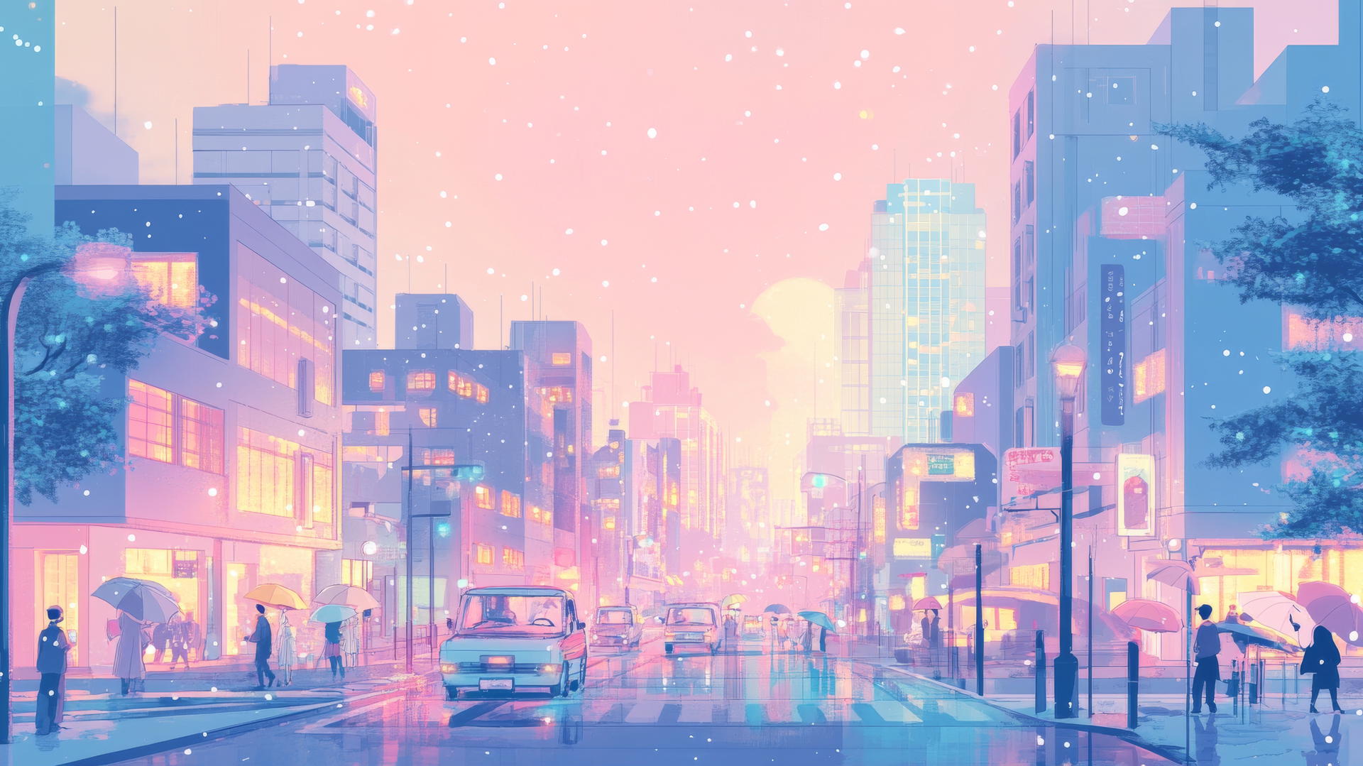cute aesthetic wallpapers with pastel cityscape, glowing windows, and a starry dusk sky