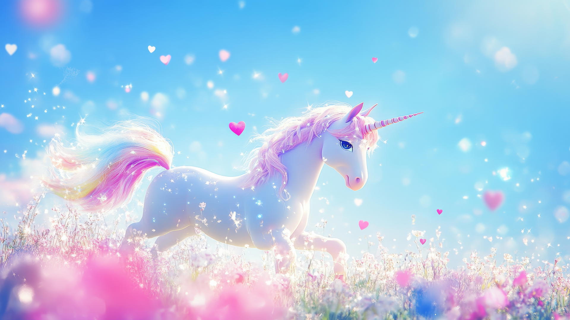cute wallpapers for girls: pastel unicorn with rainbow mane in flower field