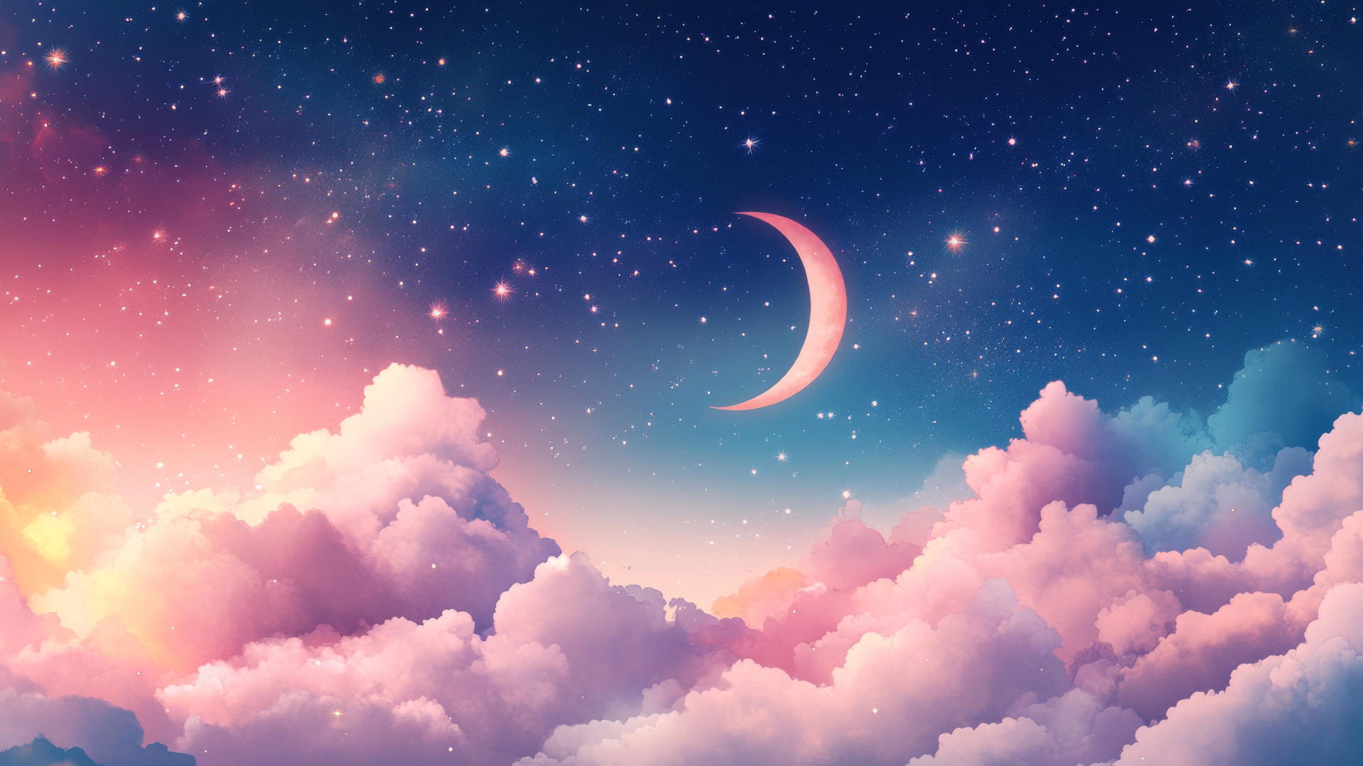 cute wallpapers with night sky, stars, crescent moon, and sleeping clouds