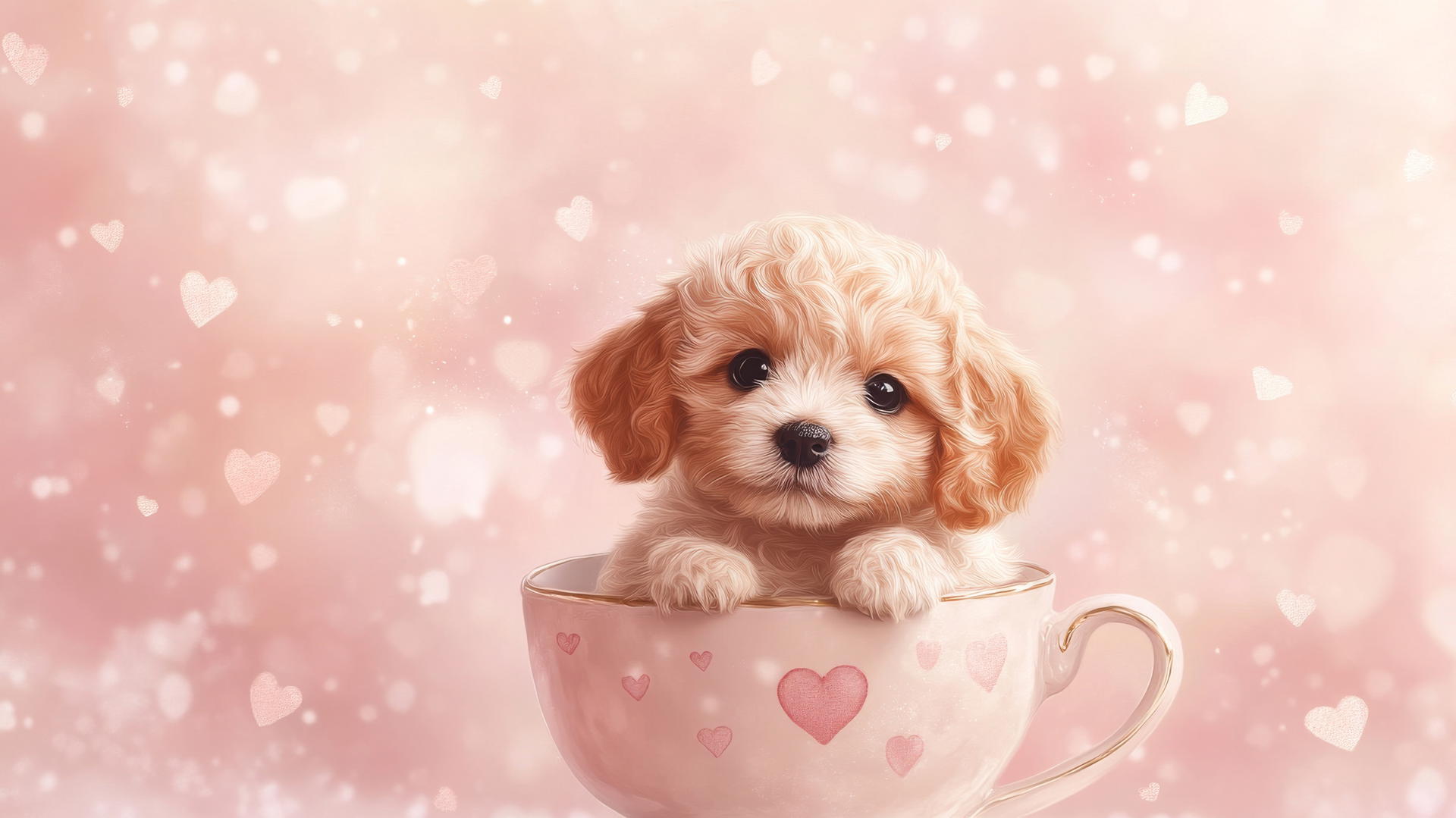 Pink cute puppy wallpaper with puppy in a teacup, pastel pink background, tiny hearts