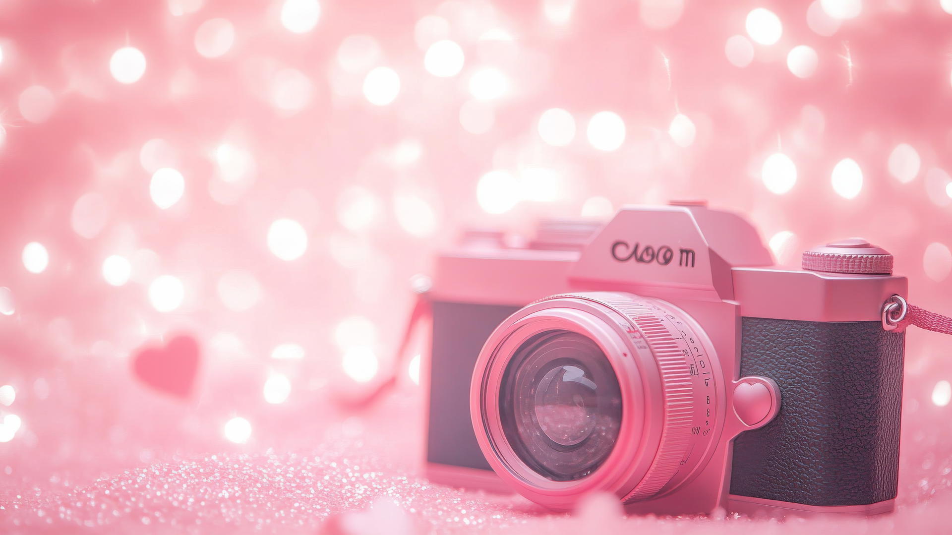 cute pink aesthetic wallpaper with a vintage camera and tiny hearts and sparkles