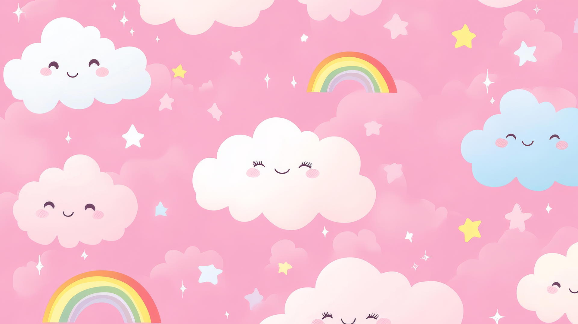 pink cute wallpaper with kawaii-style smiling clouds, tiny rainbows, and stars