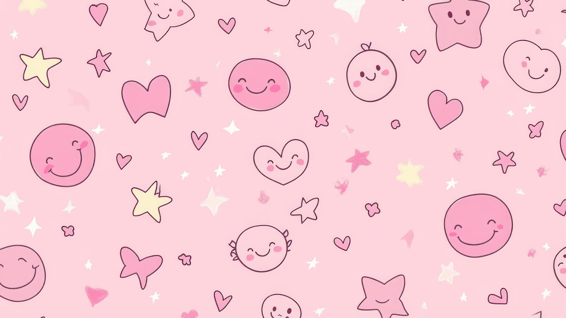 pink cute wallpaper with smiley faces, hearts, and stars