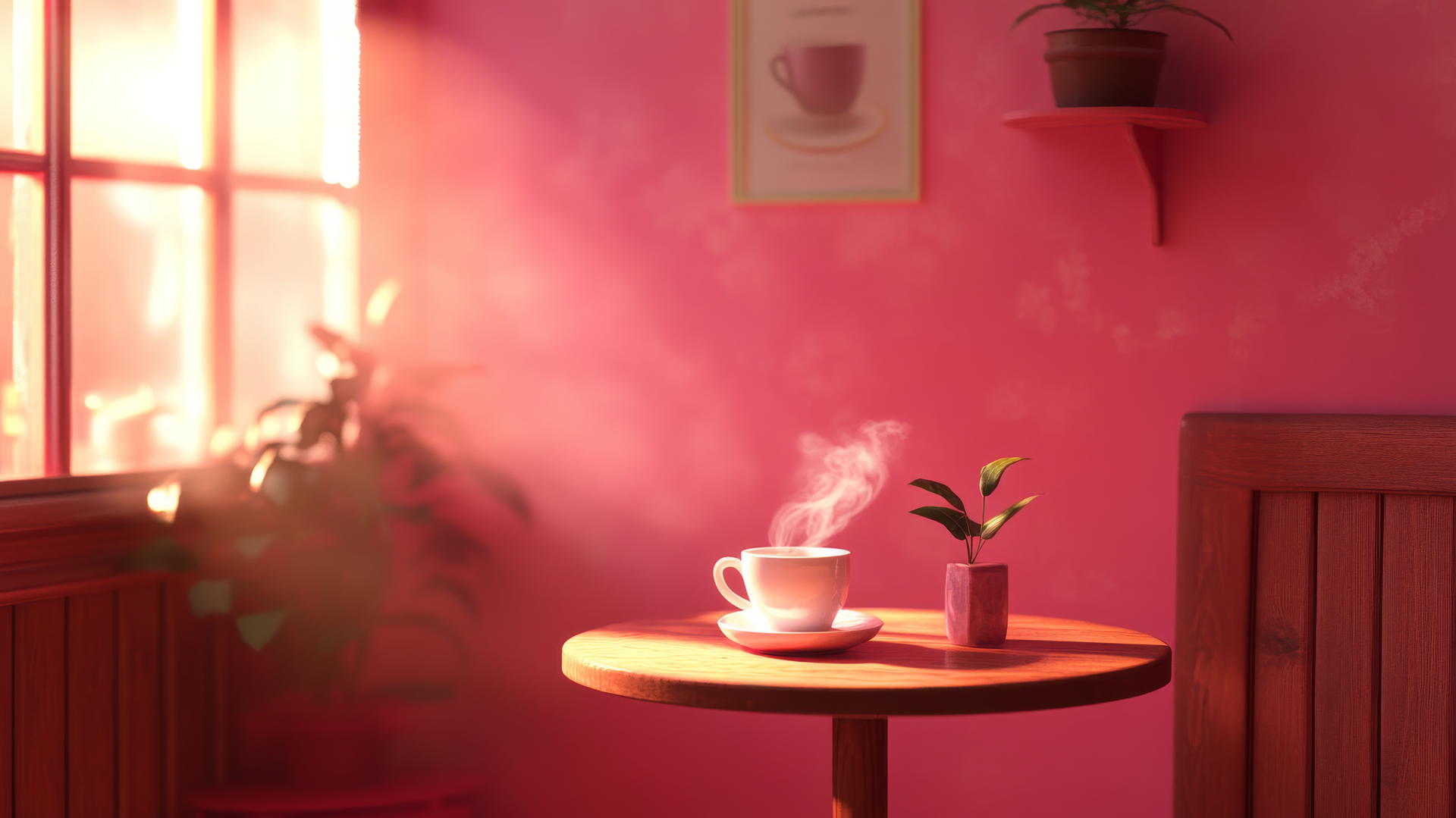 pink wallpaper aesthetic with cozy café scene featuring pink walls, round table, coffee