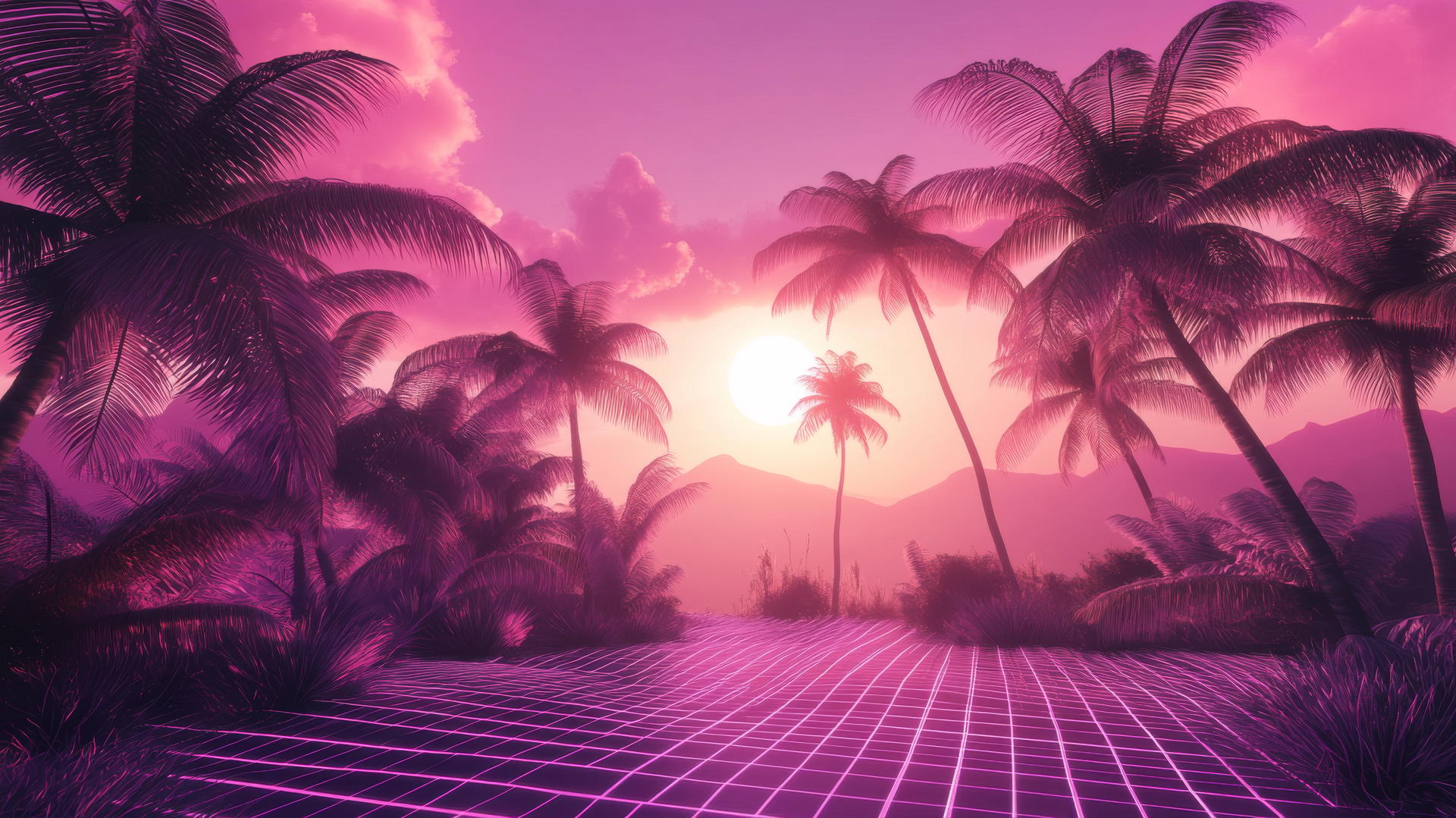 aesthetic pink wallpaper with neon palm trees and grid ground