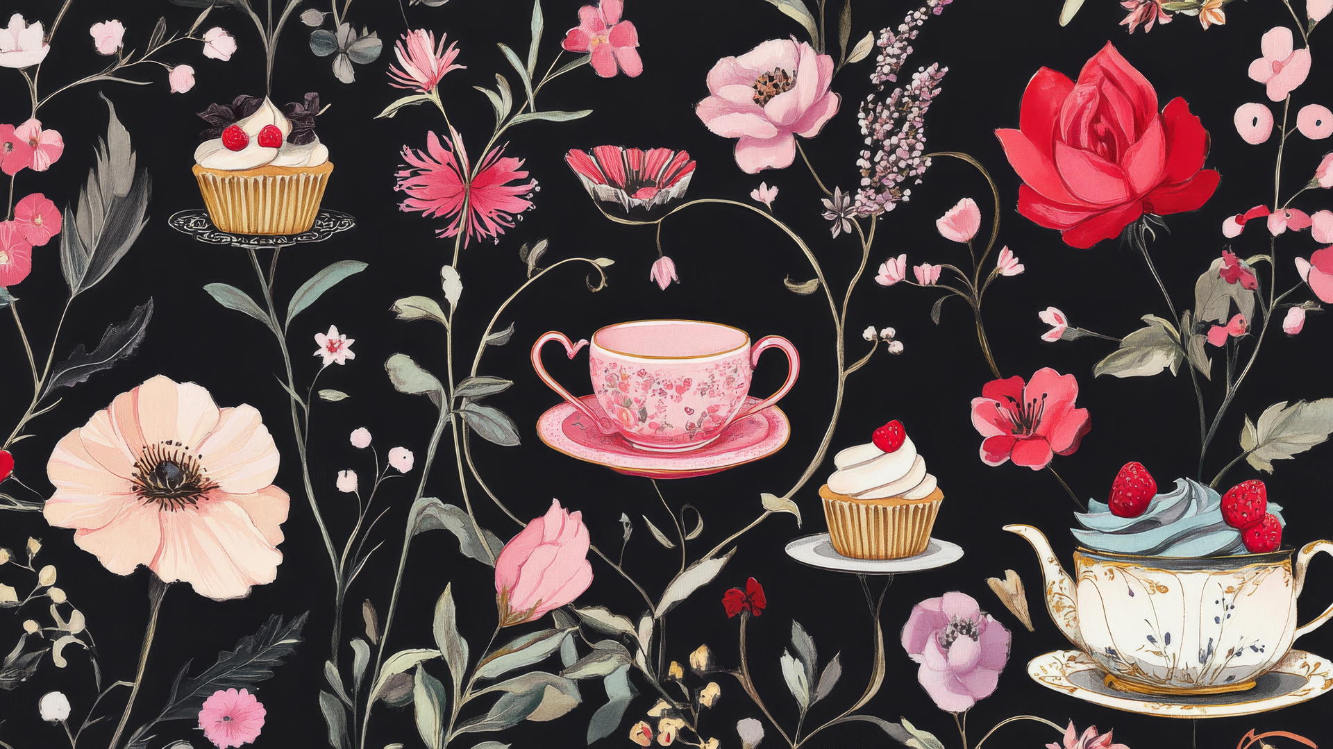 black wallpaper for girls featuring whimsical tea party scene with pink teacups, cupcakes, and floral accents