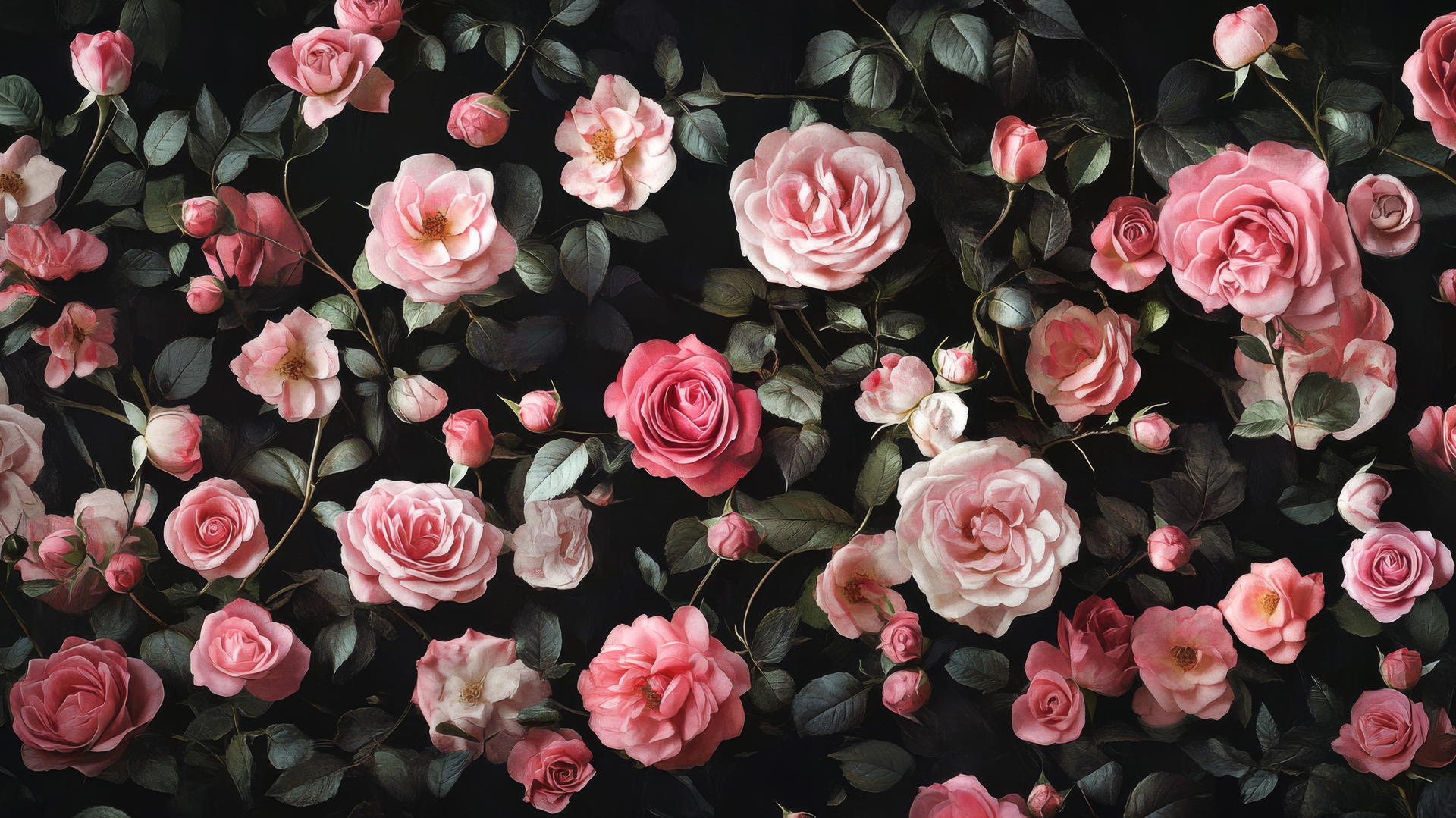 Black wallpaper featuring pink roses and petals, romantic floral theme for girls
