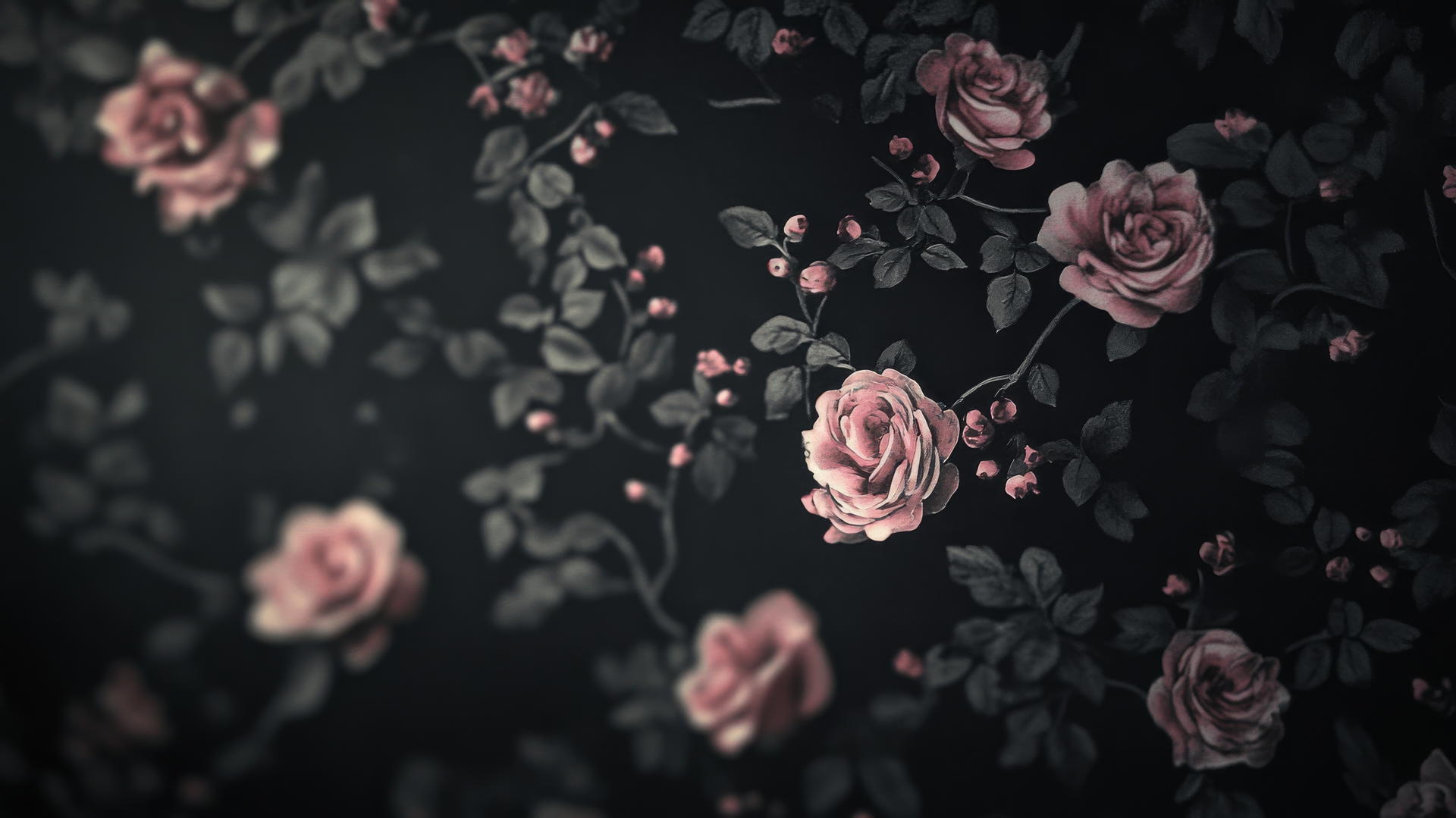 Black wallpaper for girls with subtle dark floral design and soft pink highlights