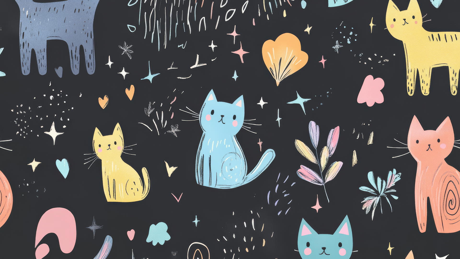black wallpaper for girls with cute cartoon cats and whimsical pastel doodles