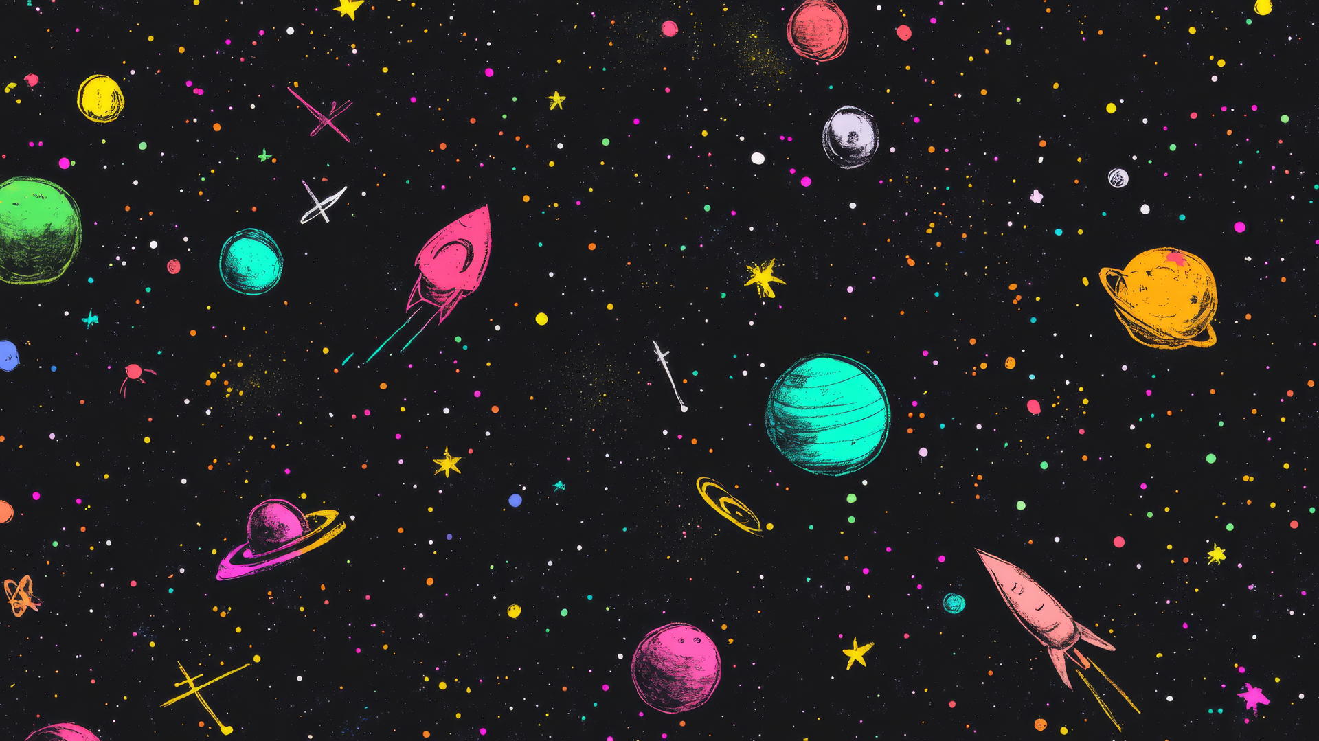 Cute black wallpaper with tiny neon planets, rockets, stars