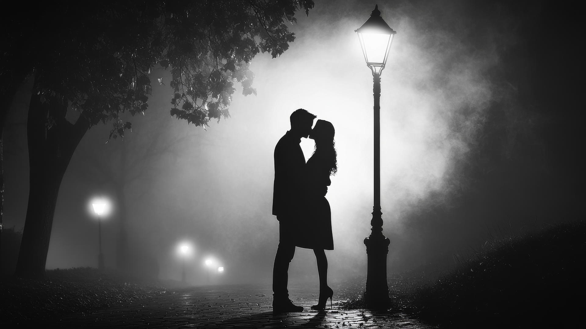 A silhouette of a couple sharing a kiss under a streetlamp with a soft glow. Black and white aesthetic wallpaper.