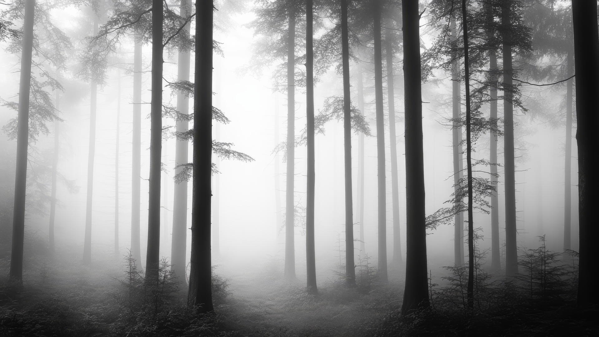 black and white wallpaper with serene forest, tall trees, and misty atmosphere