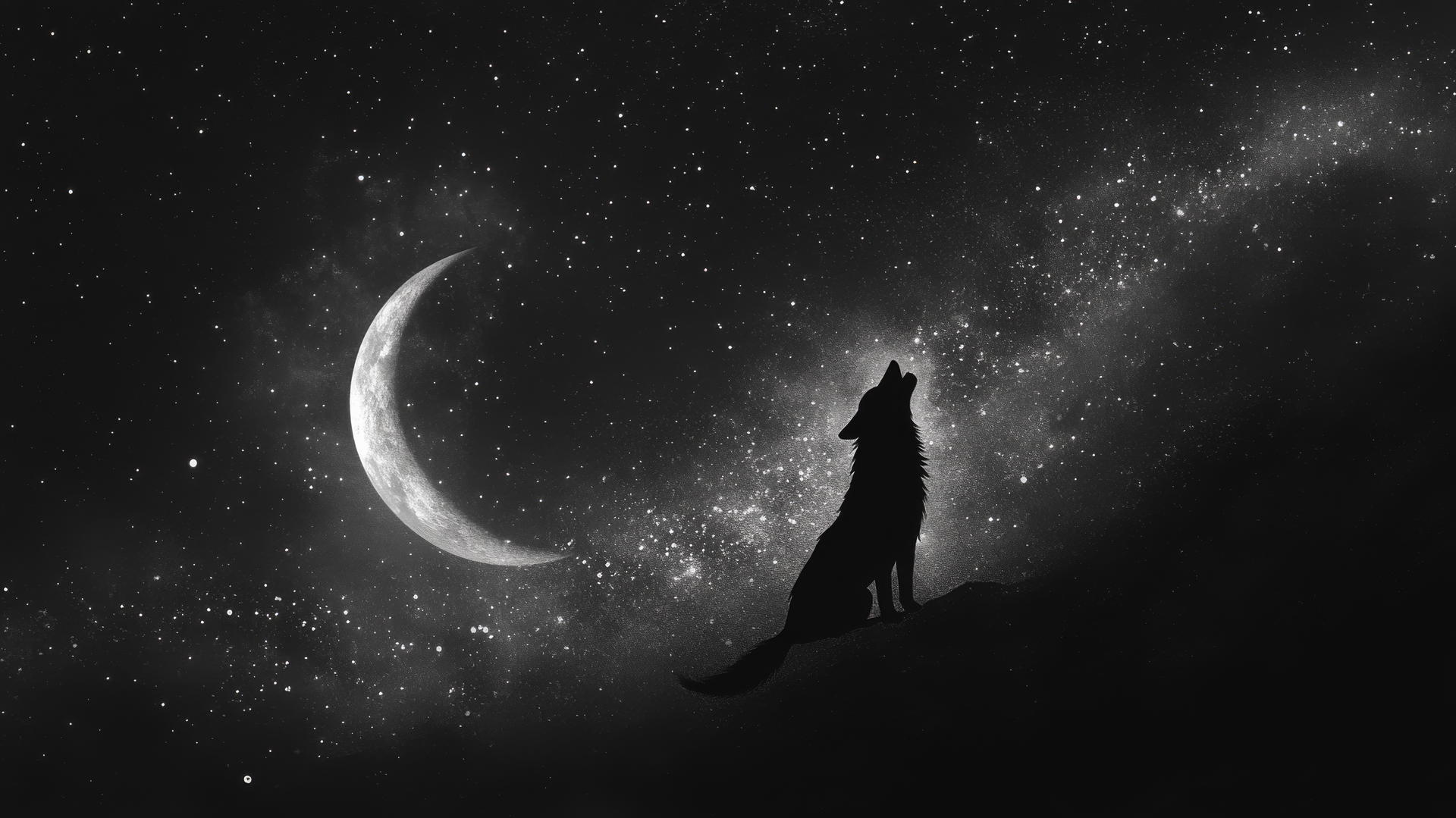 black aesthetic wallpaper with a lone wolf howling at a crescent moon