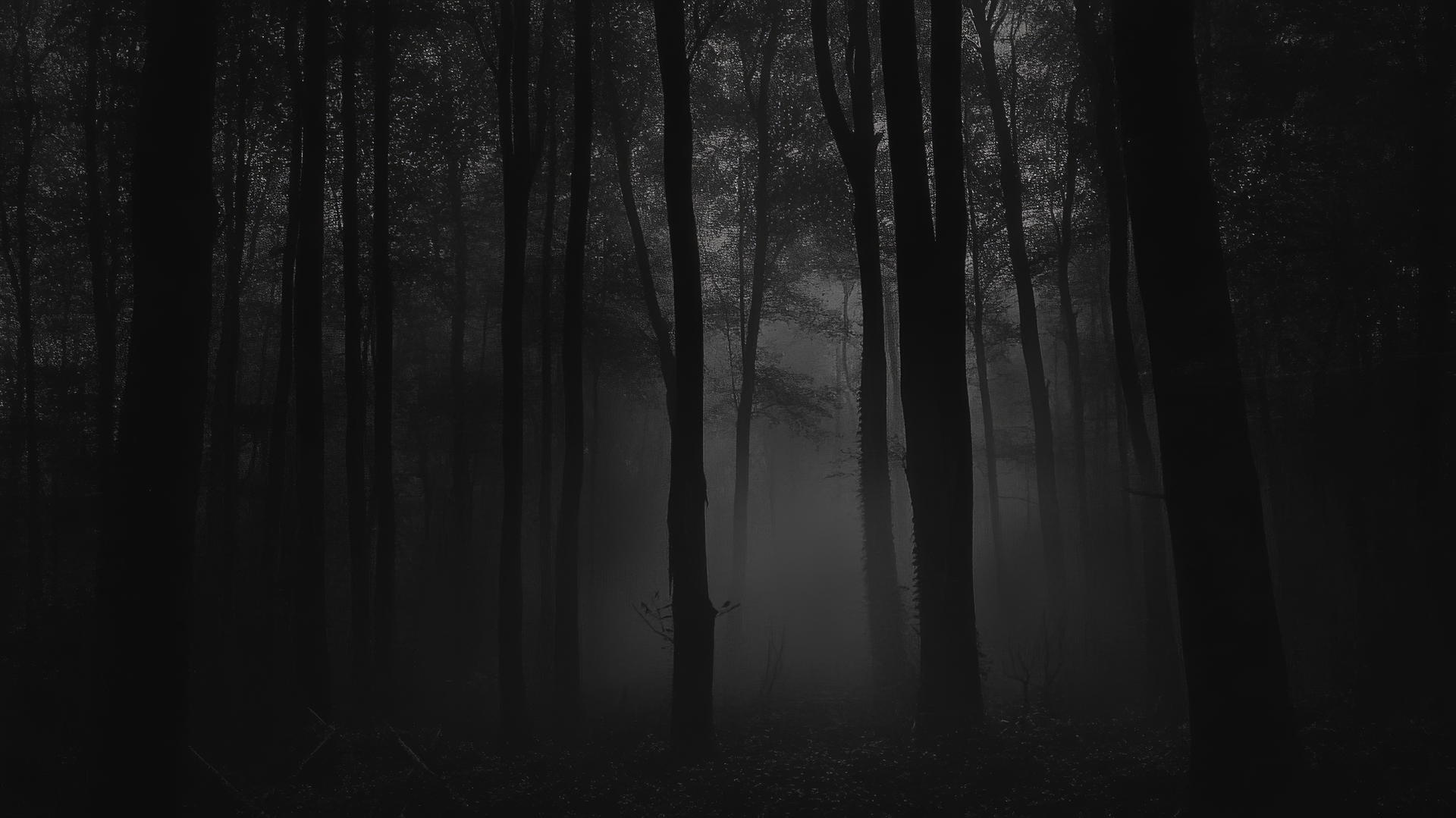 black aesthetic wallpaper with a mysterious forest at night, barely visible trees, and faint mist
