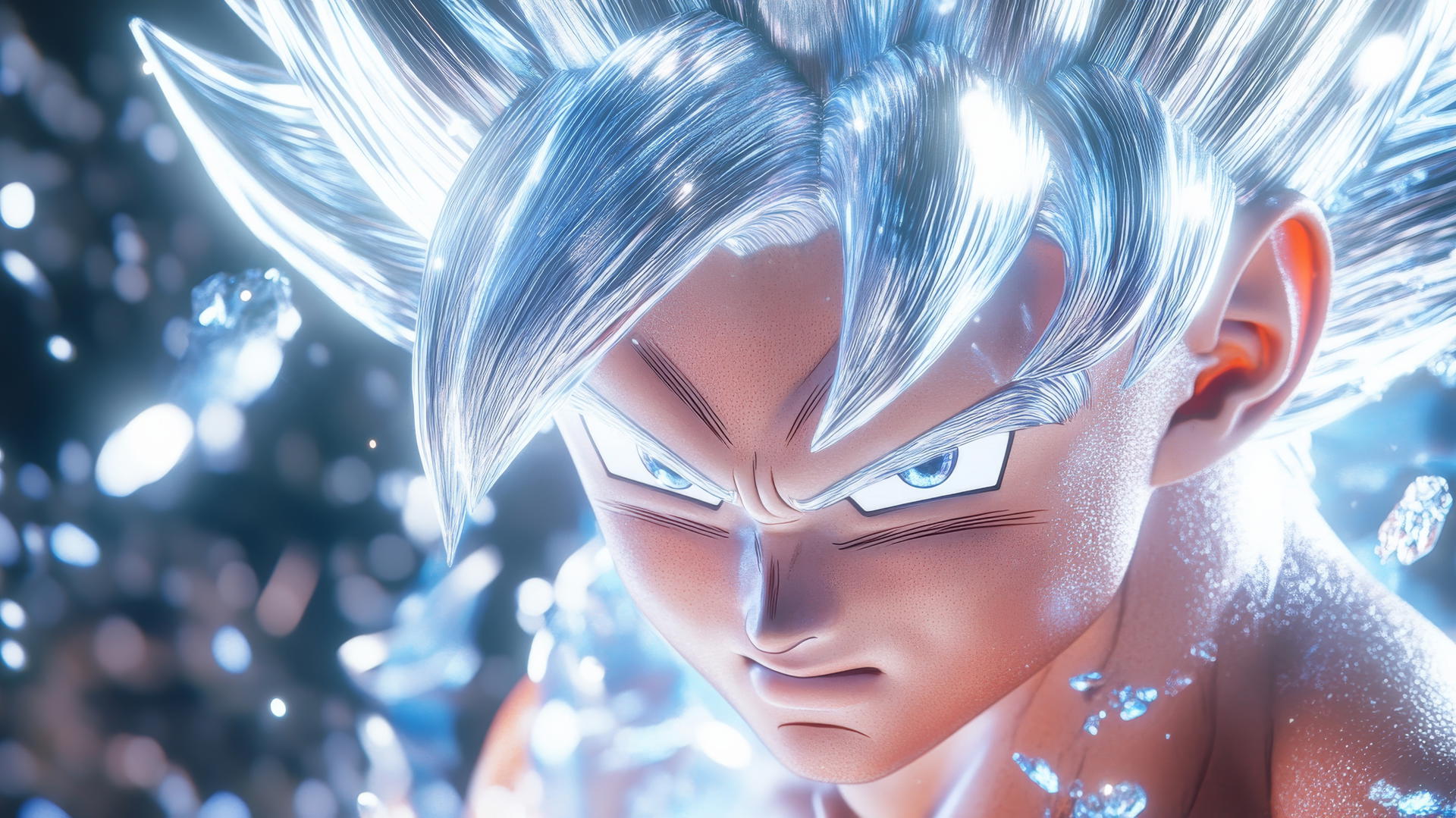 Goku Ultra Instinct in battle stance with glowing silver hair and crystalline aura with hues of blue, white, purple, and red. Goku ultra instinct wallpaper 4k.