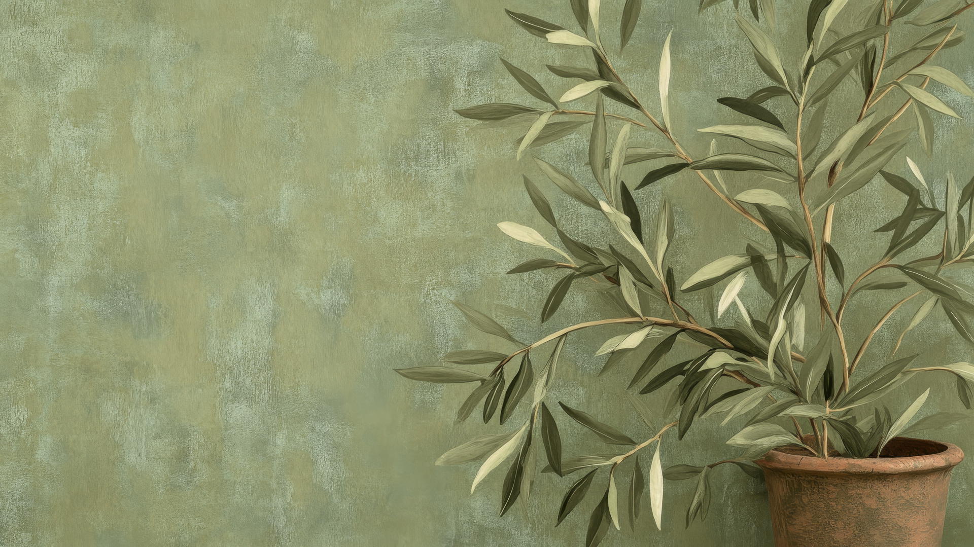 olive green wallpaper with hand-drawn olive branches and leaves on textured background