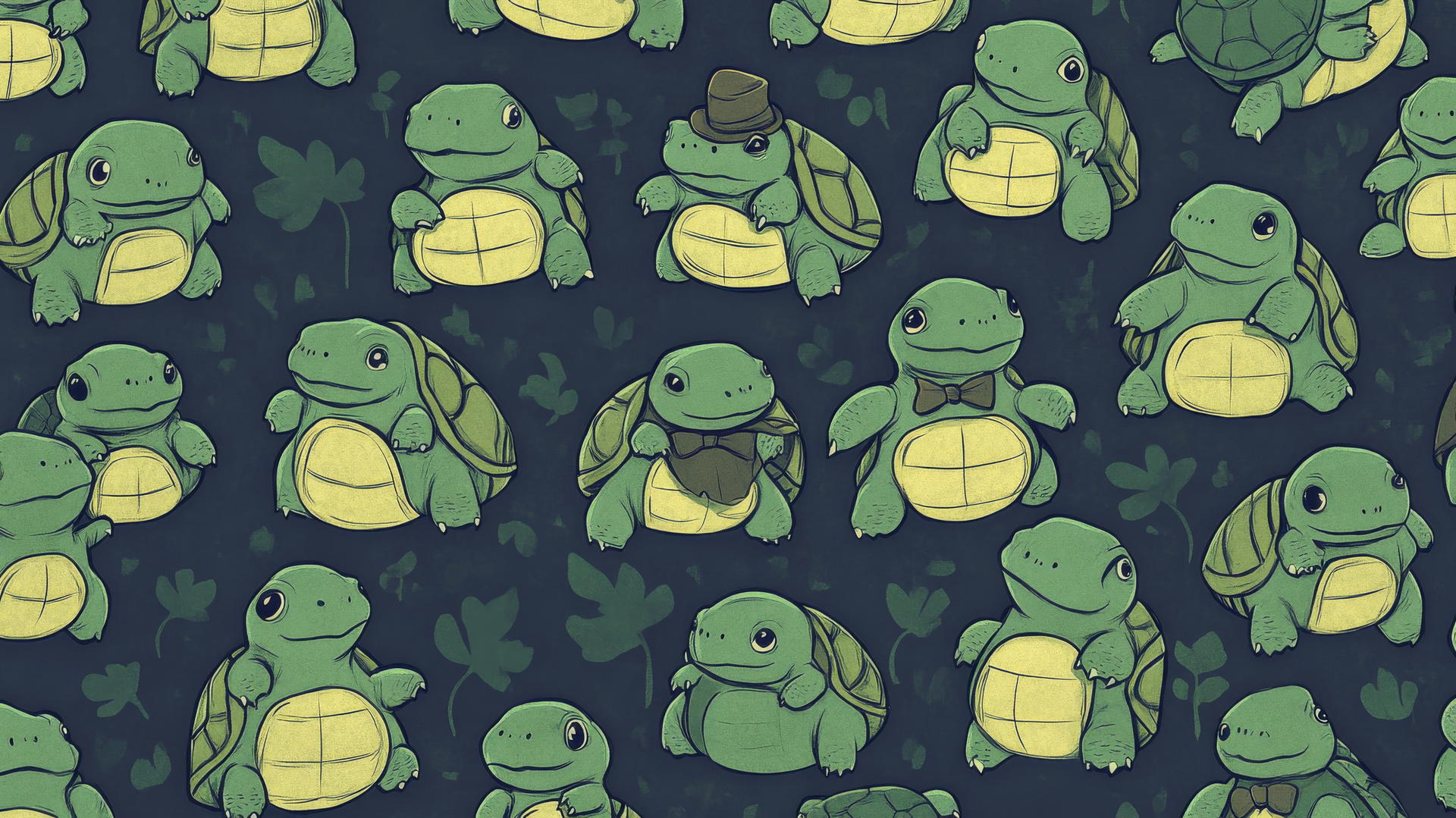 Cute green wallpaper with tiny, hand-drawn turtles in hats and bow ties.