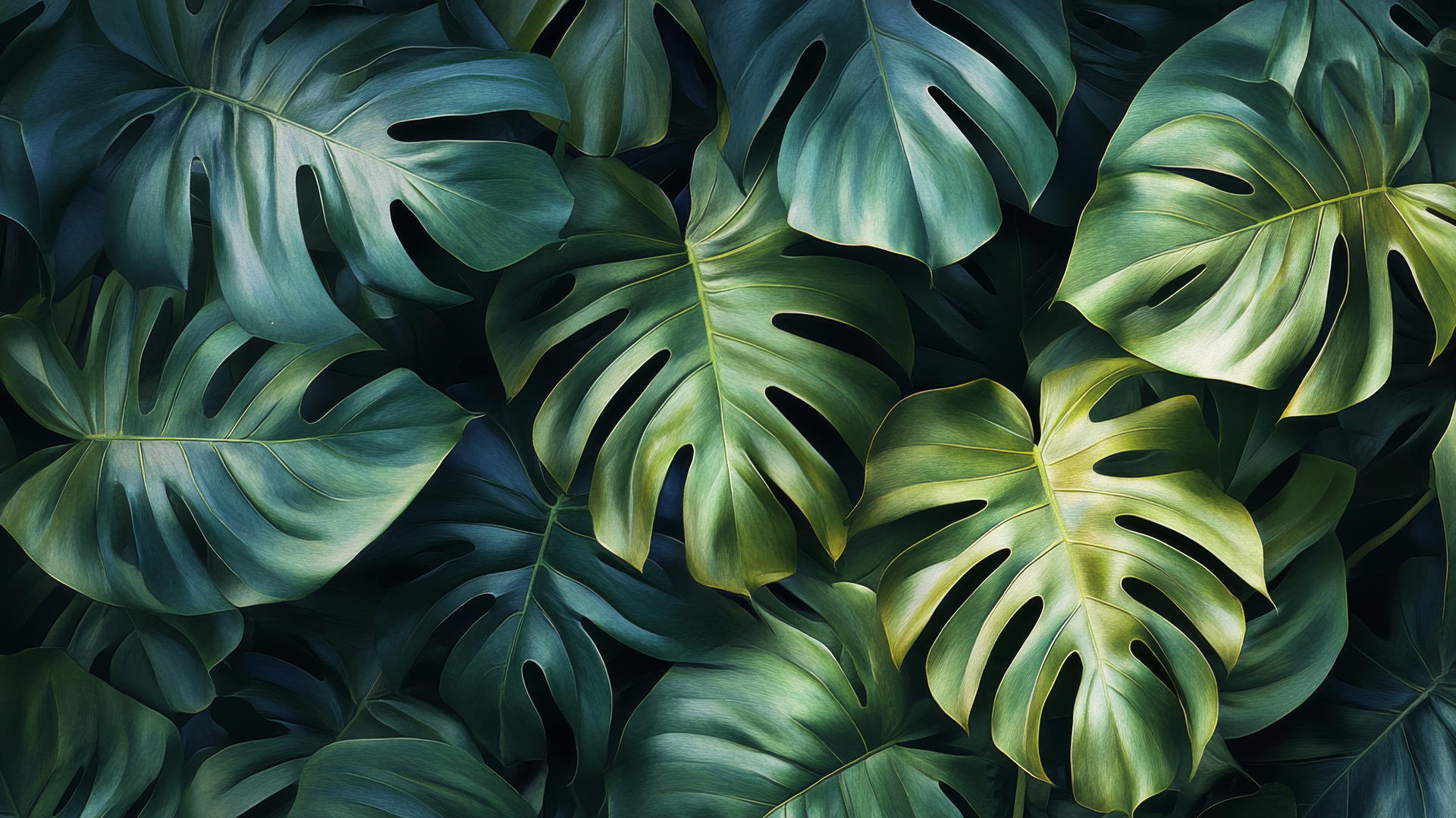 green aesthetic wallpaper with close-up of monstera leaves
