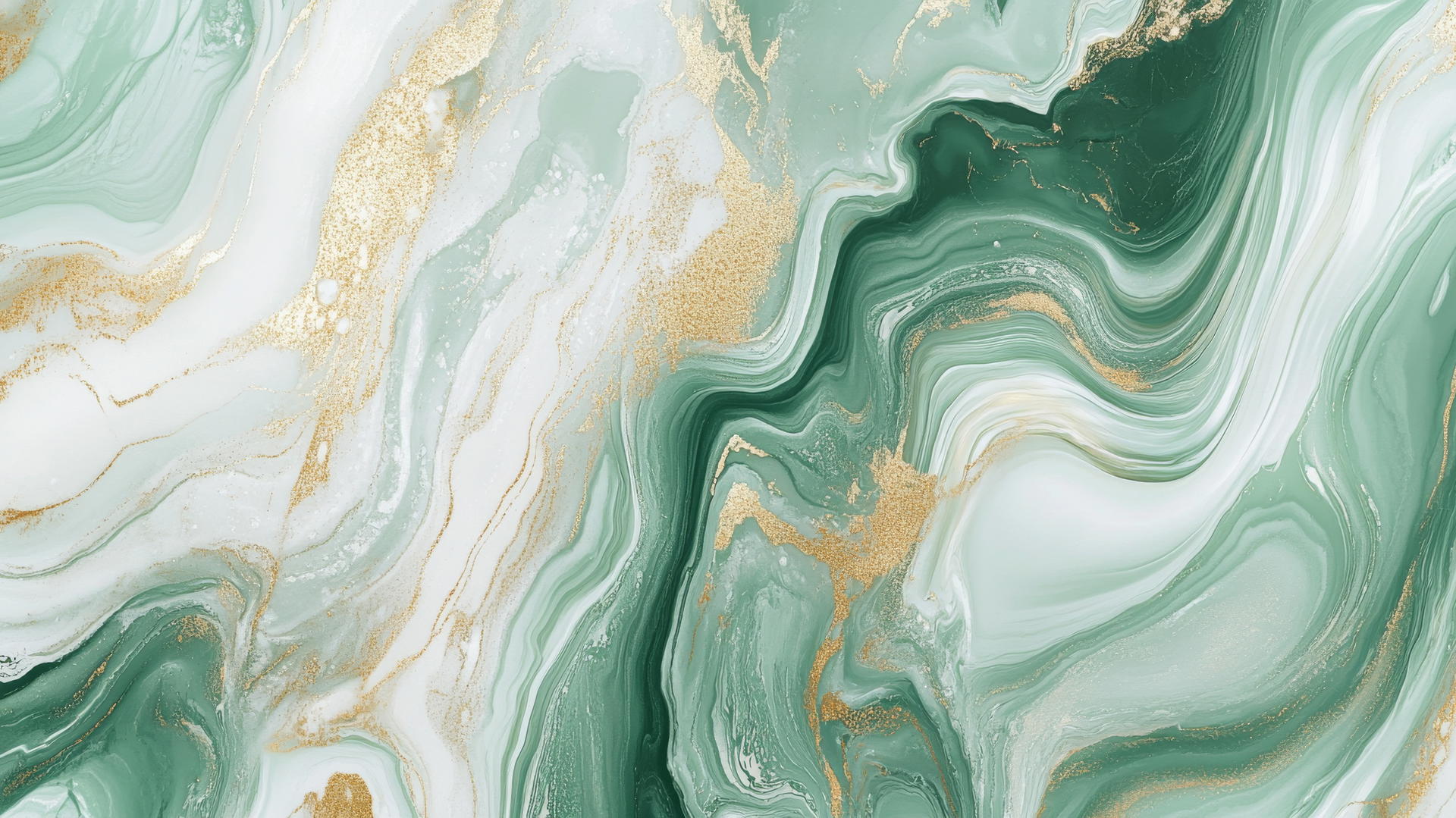 Fluid marbled swirls of sage green, white, and gold creating a luxurious effect