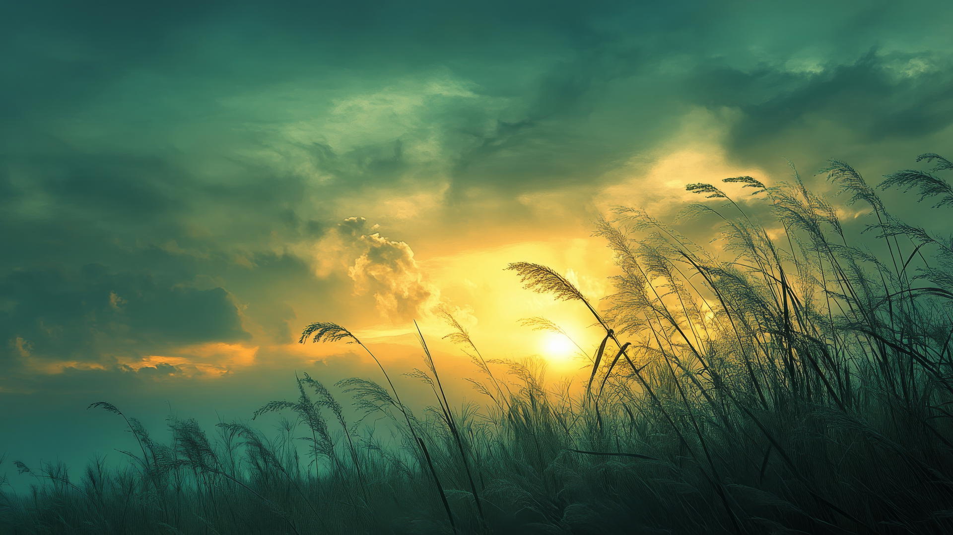 Dreamy ethereal scene with soft clouds in a sage green sky illuminated by golden sunset.