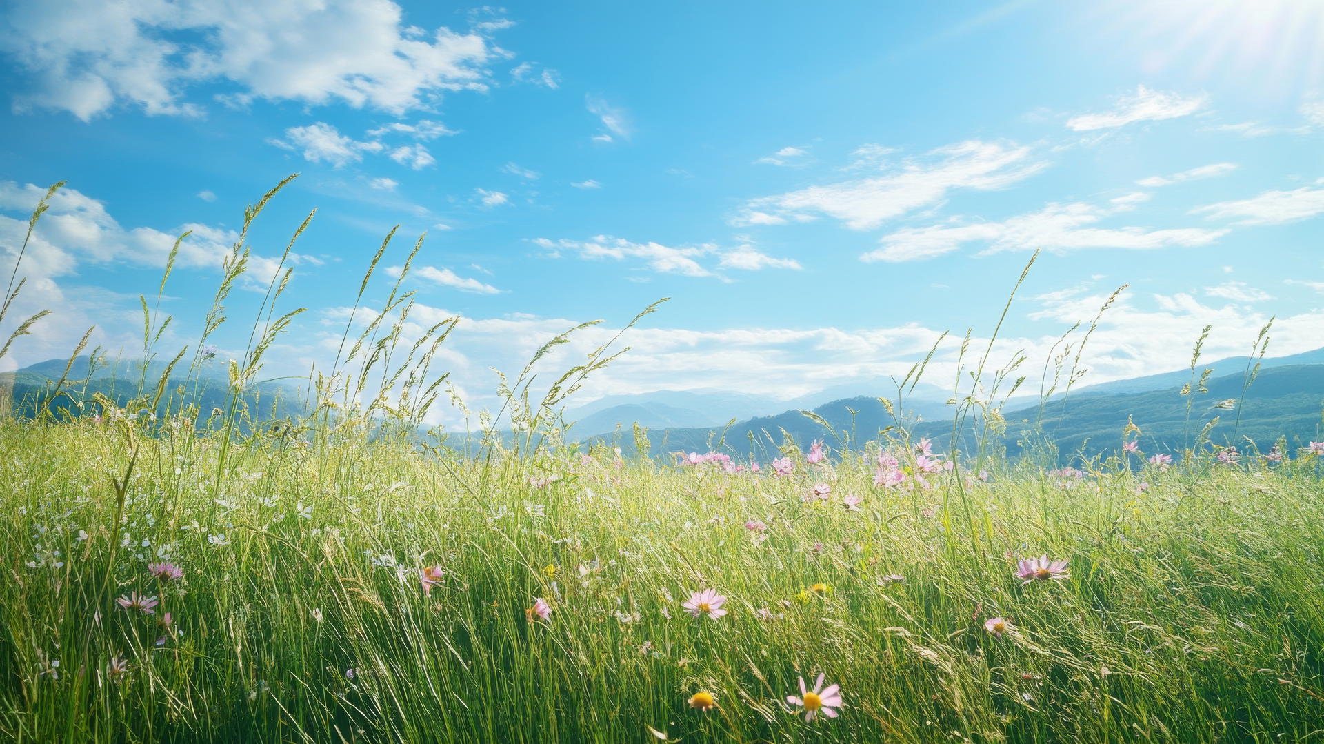 green wallpaper with a picturesque landscape, green meadow, wildflowers, and blue sky
