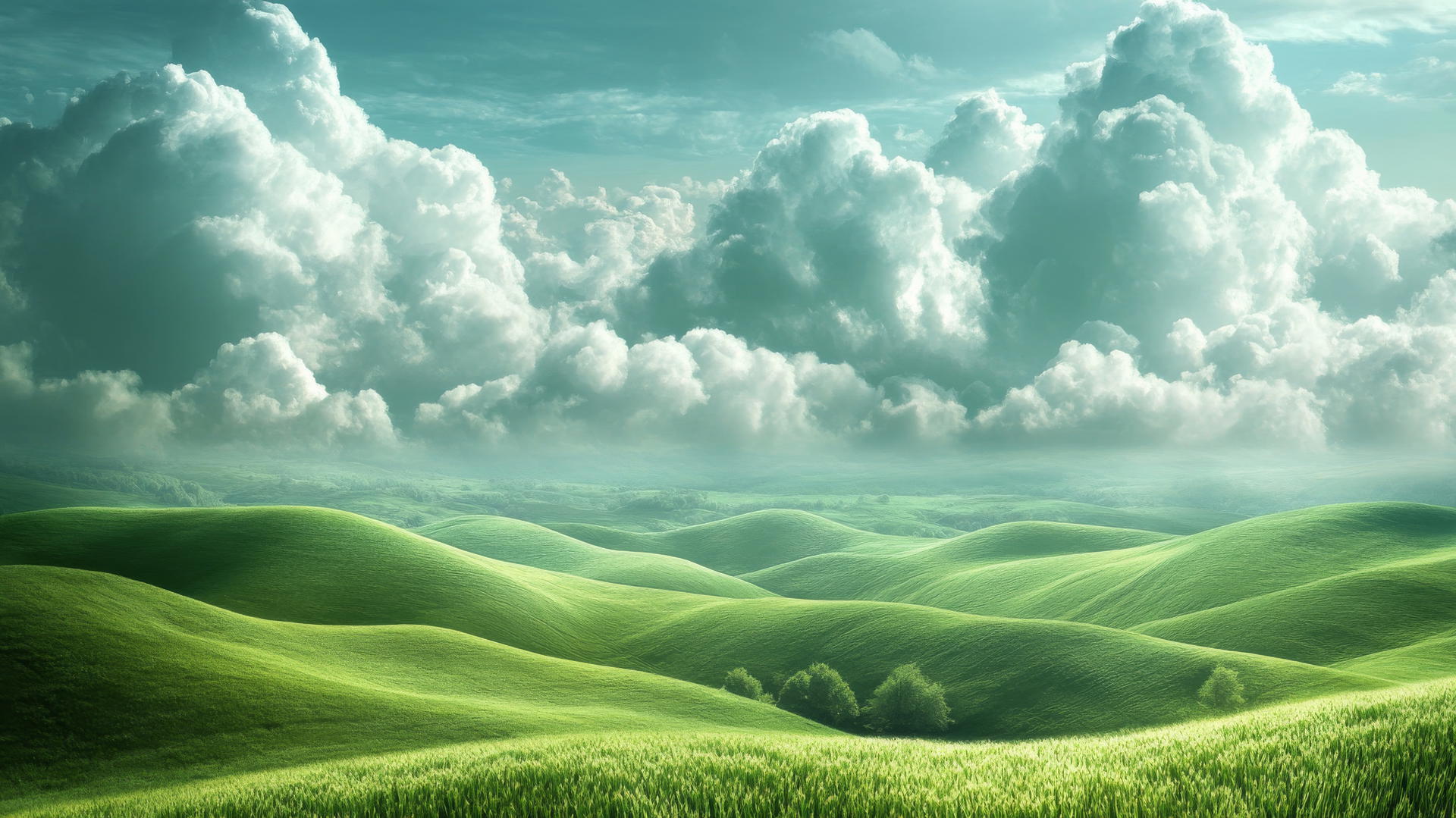 green wallpaper with rolling hills and ethereal clouds