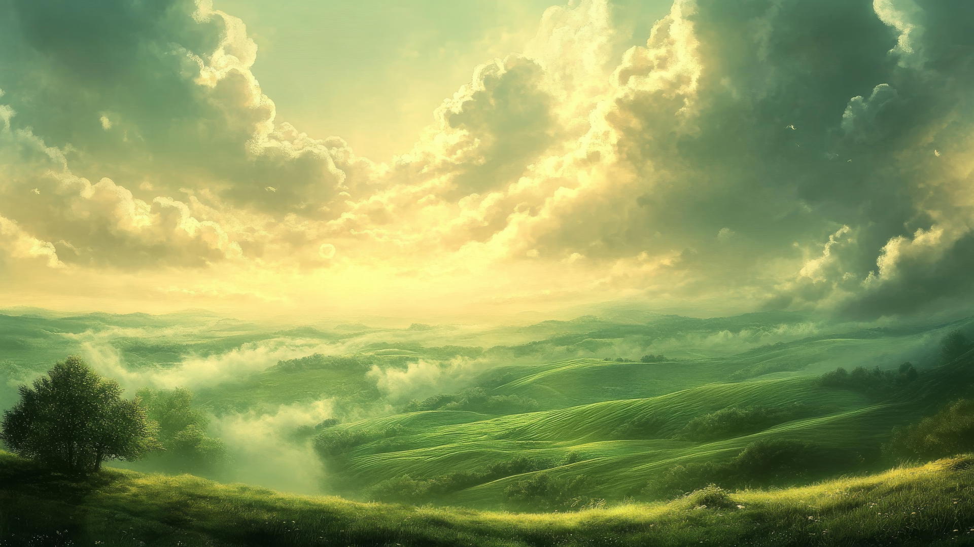 green wallpaper, fantasy landscape with rolling green hills and ethereal clouds