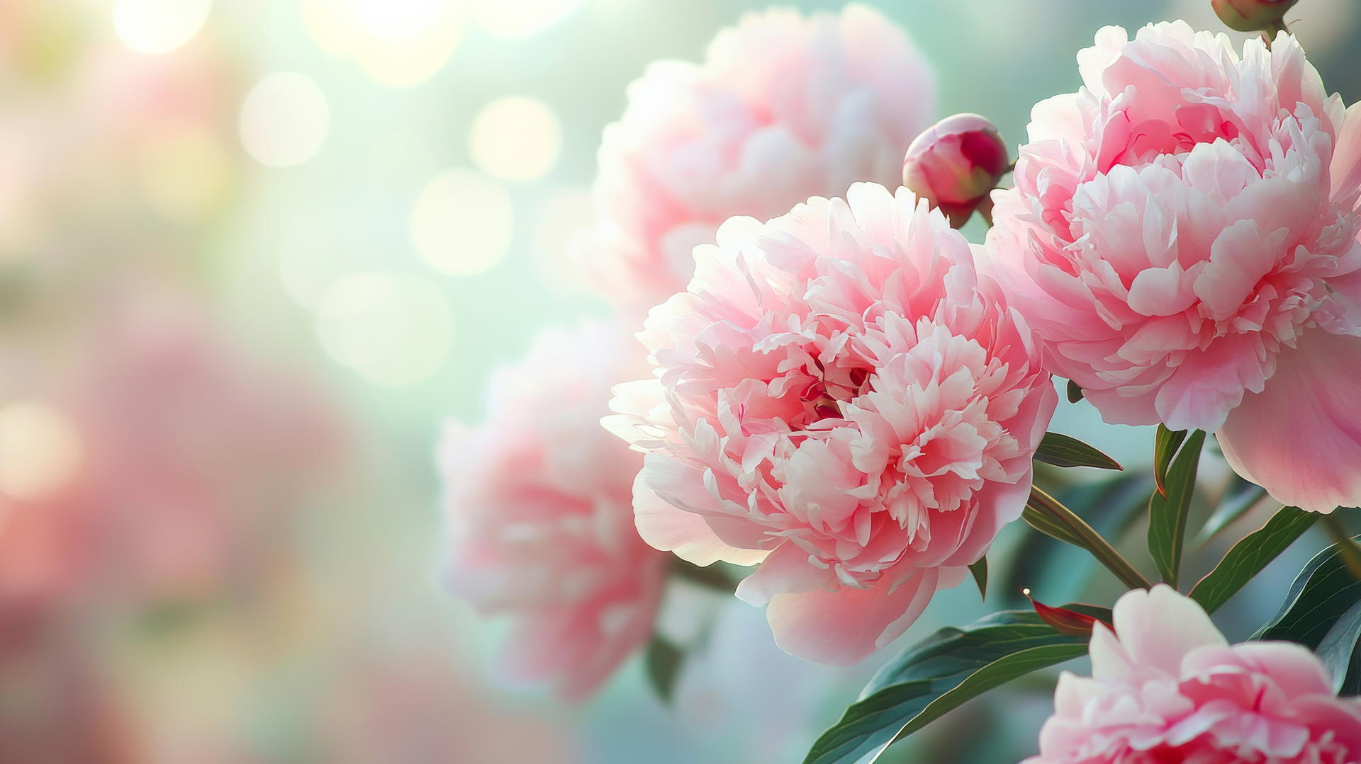 flower nature wallpaper of pink peonies in full bloom with soft light and shadows