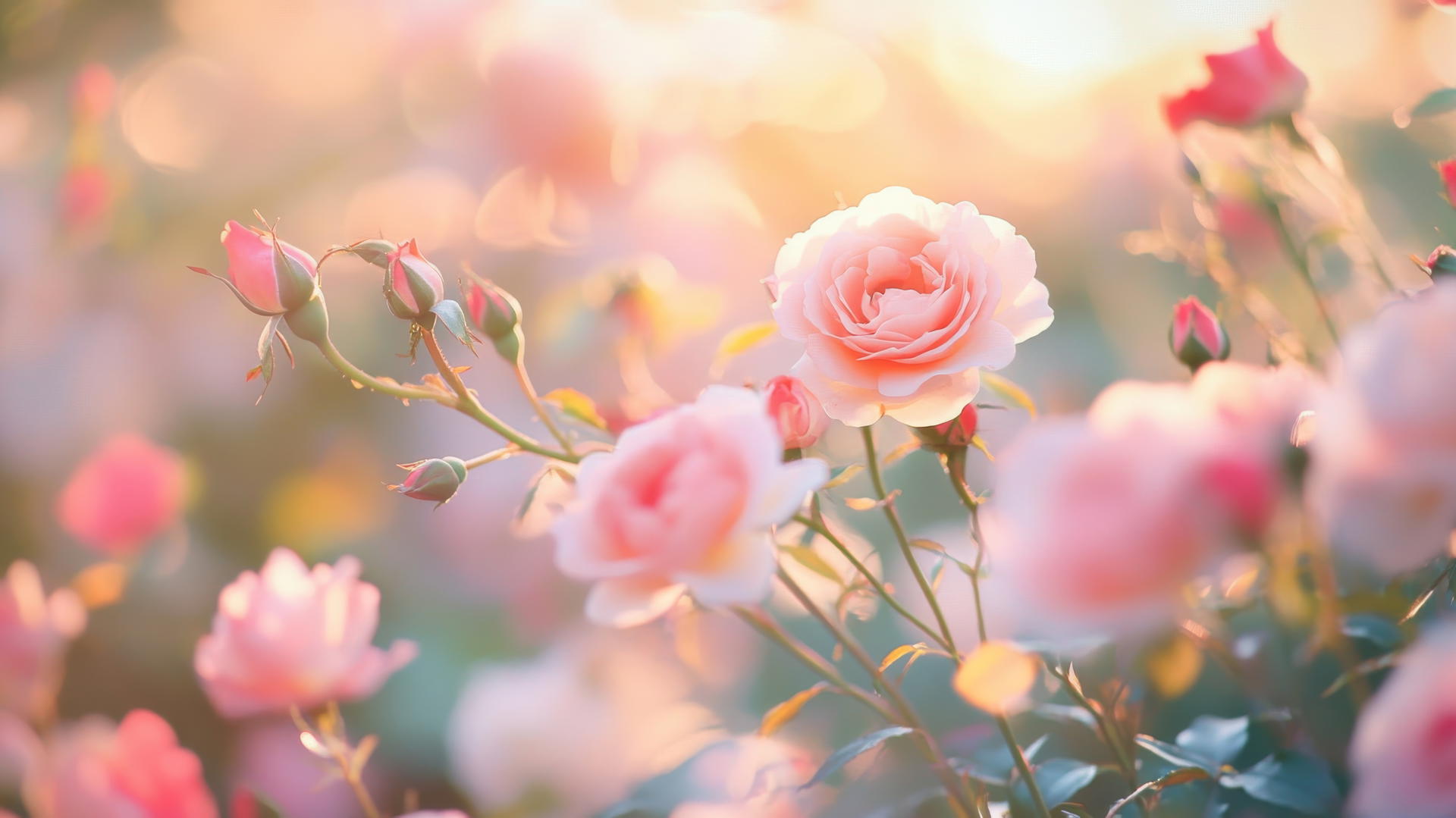 Flower nature wallpaper with pastel-colored roses in soft focus