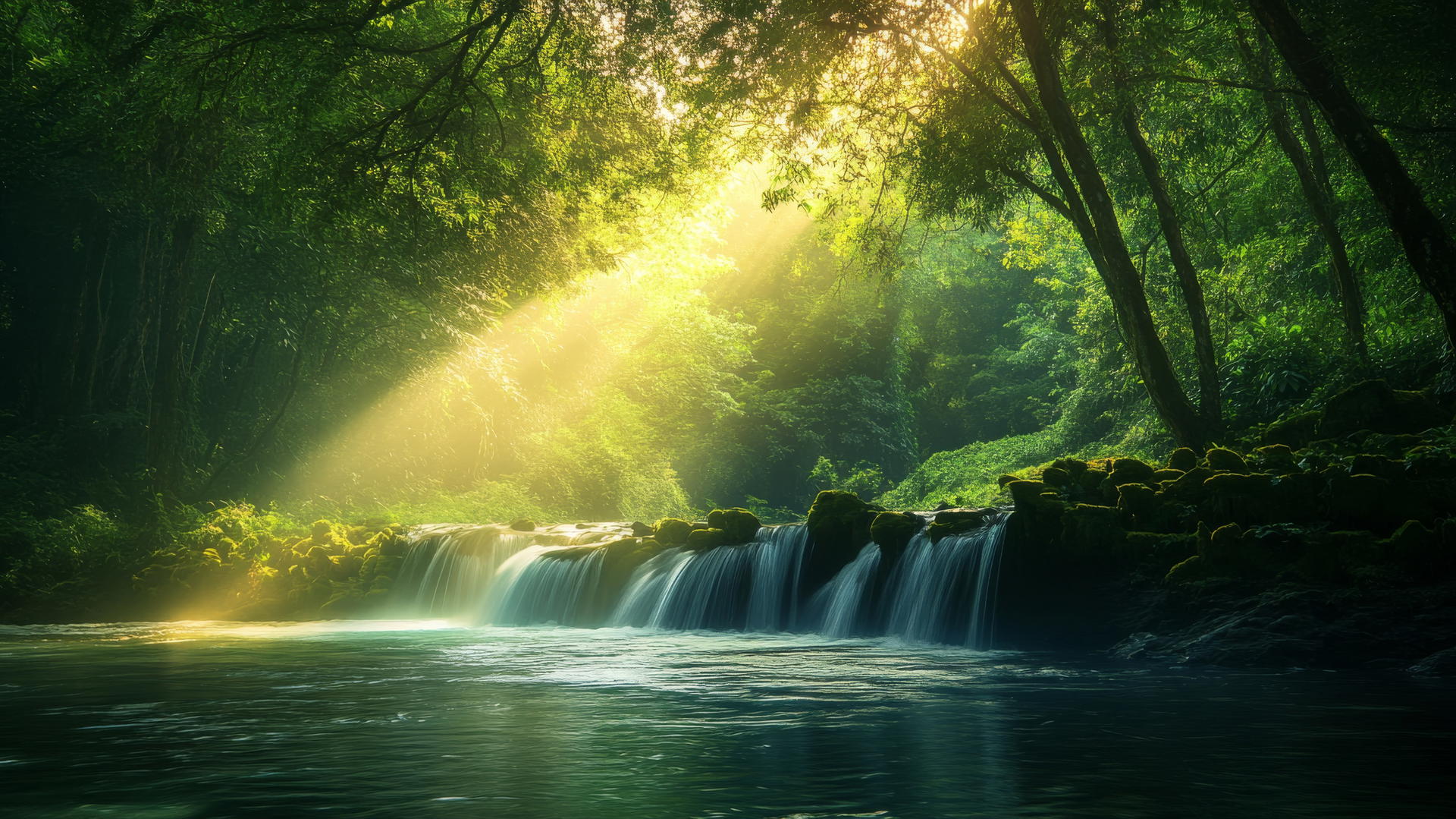 Nature aesthetic wallpaper with a peaceful river in a dense forest, sunlight filtering through trees