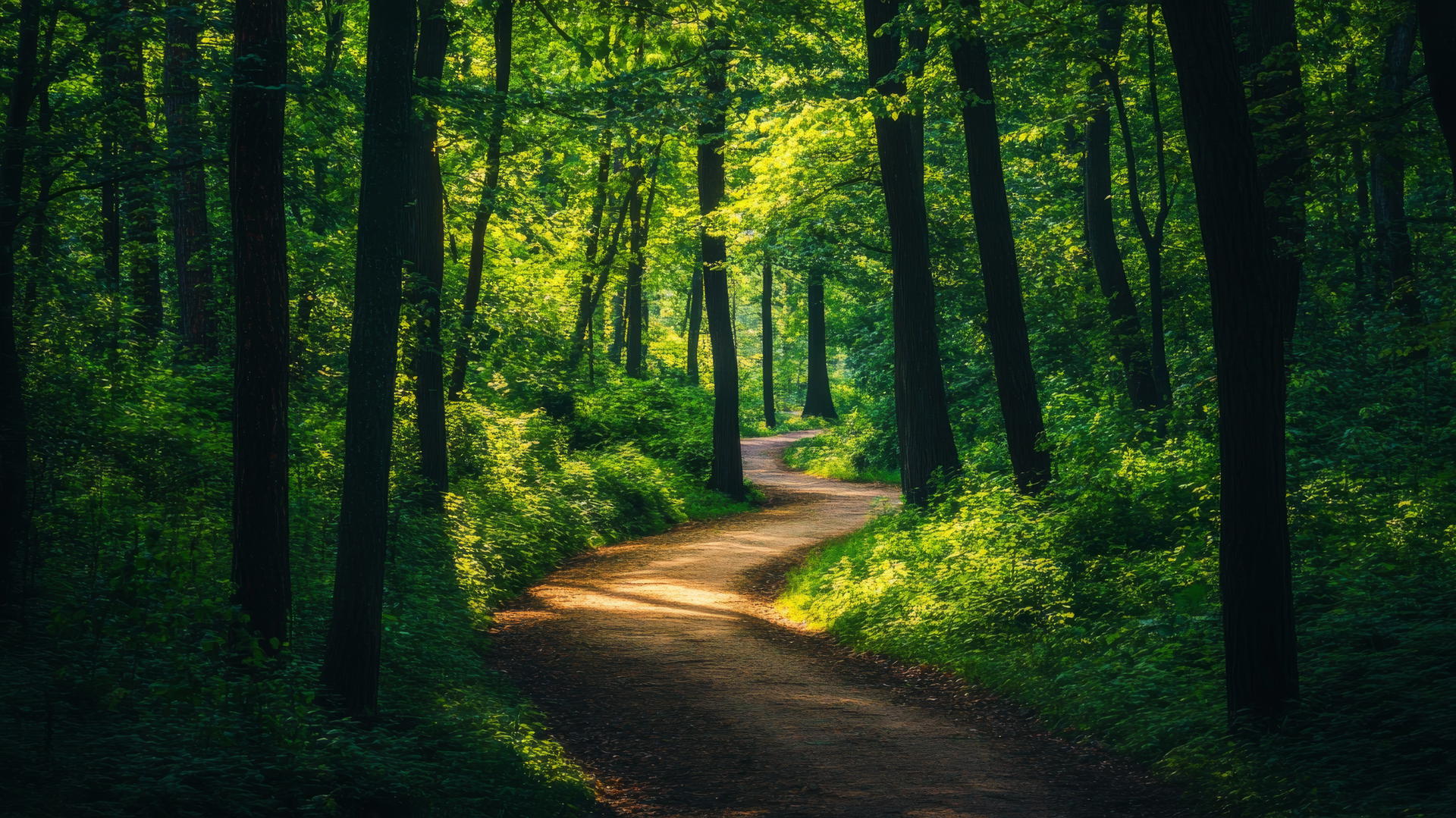 nature aesthetic wallpaper of a winding path through a dense, green forest