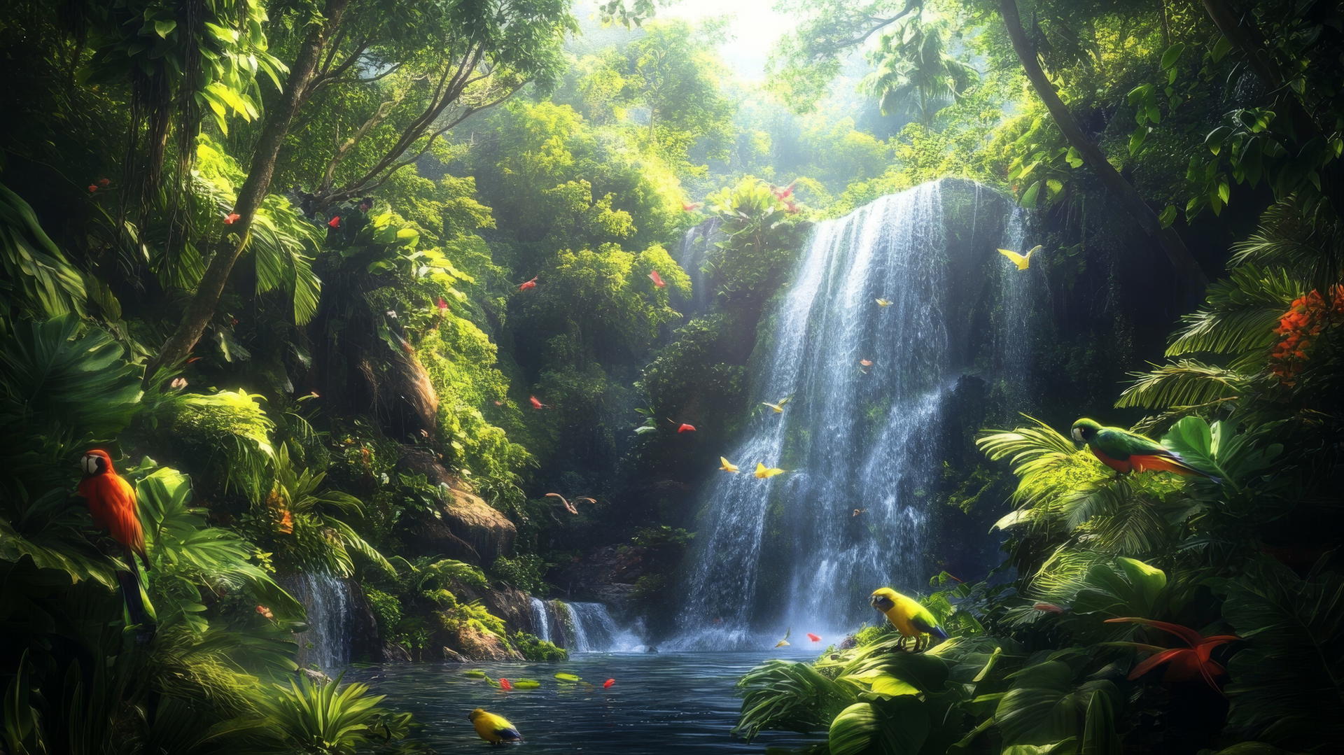 beautiful nature wallpaper 4k with tropical rainforest, vibrant foliage, birds, waterfall