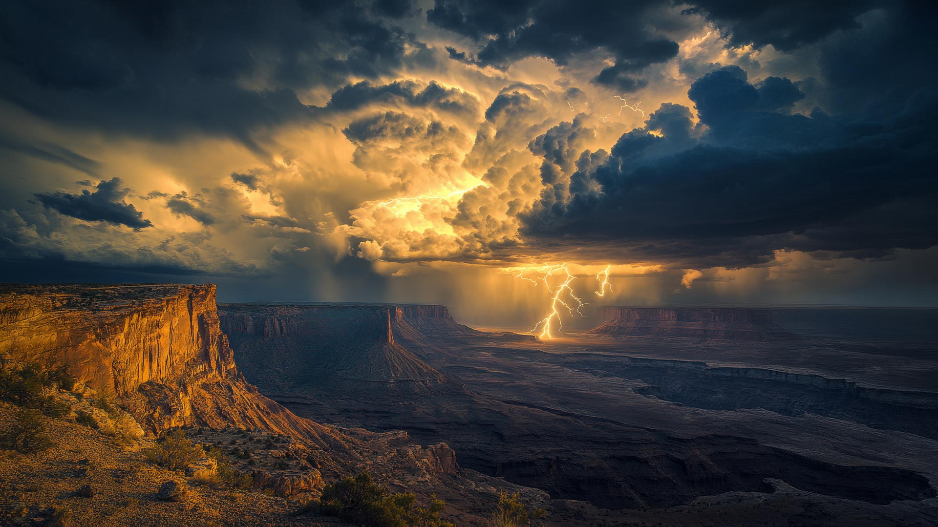 Beautiful nature wallpaper 4K showing a thunderstorm over a vast desert landscape