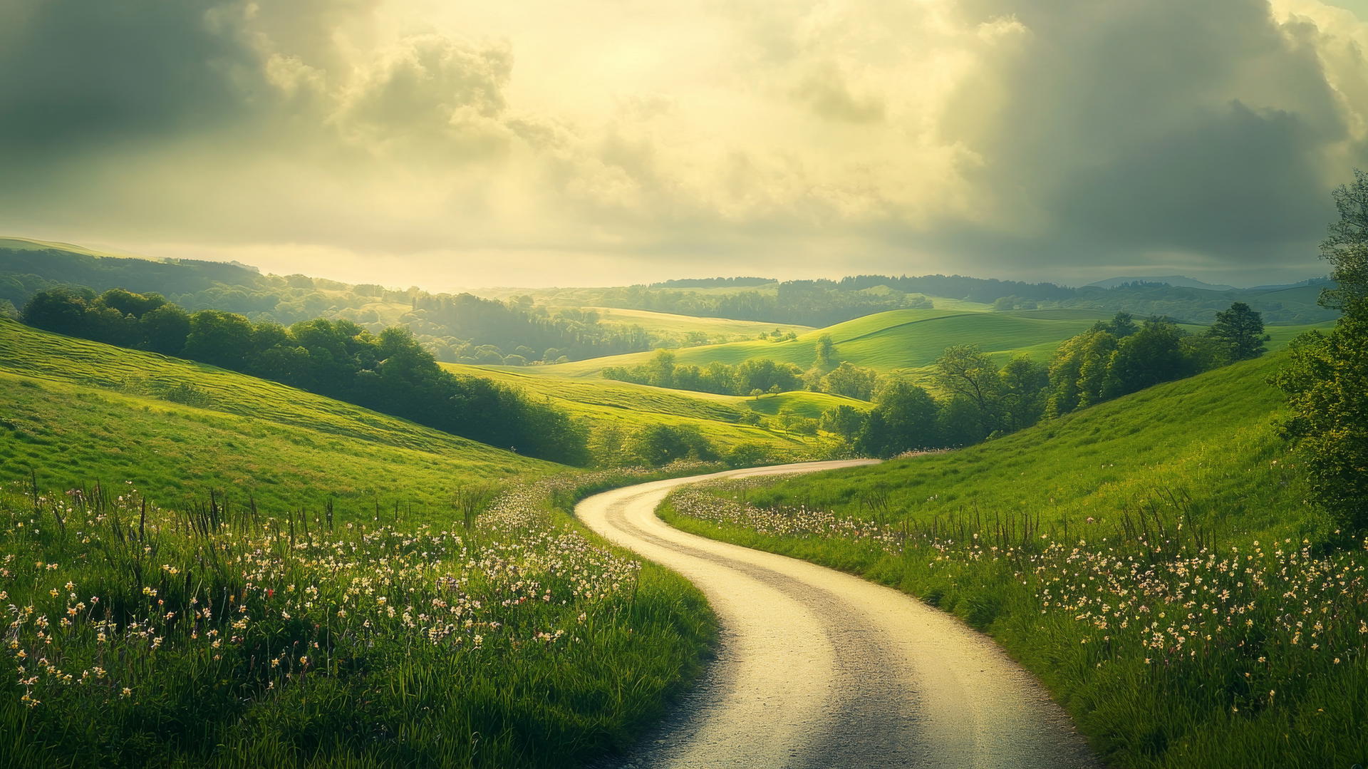 Nature wallpaper of a countryside scene with a winding road, green hills, and a cloudy sky.