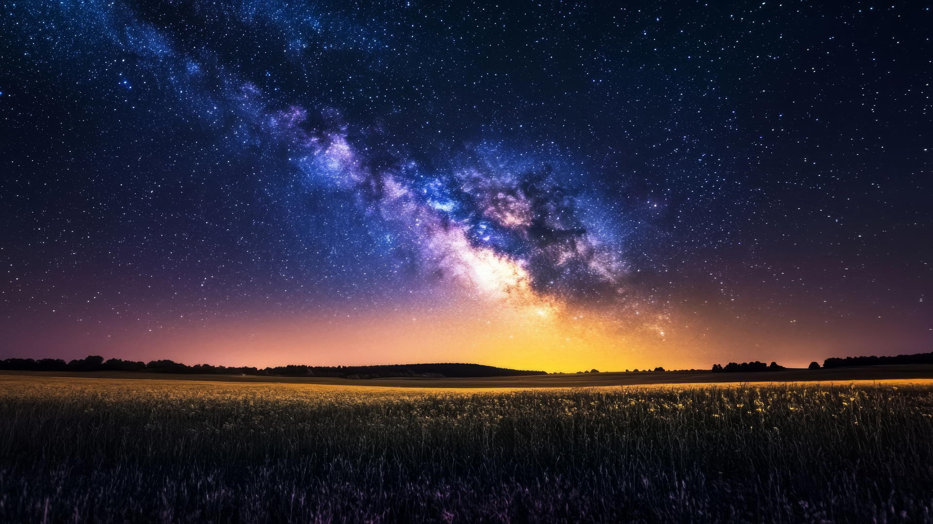 Nature wallpaper of a wide open field under a bright, starry night sky with the Milky Way