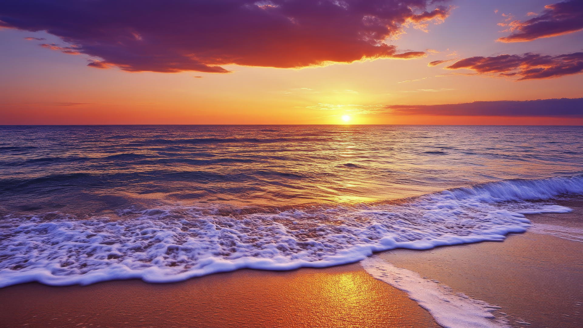 peaceful beach scene with gentle waves and dramatic sunset, nature wallpaper